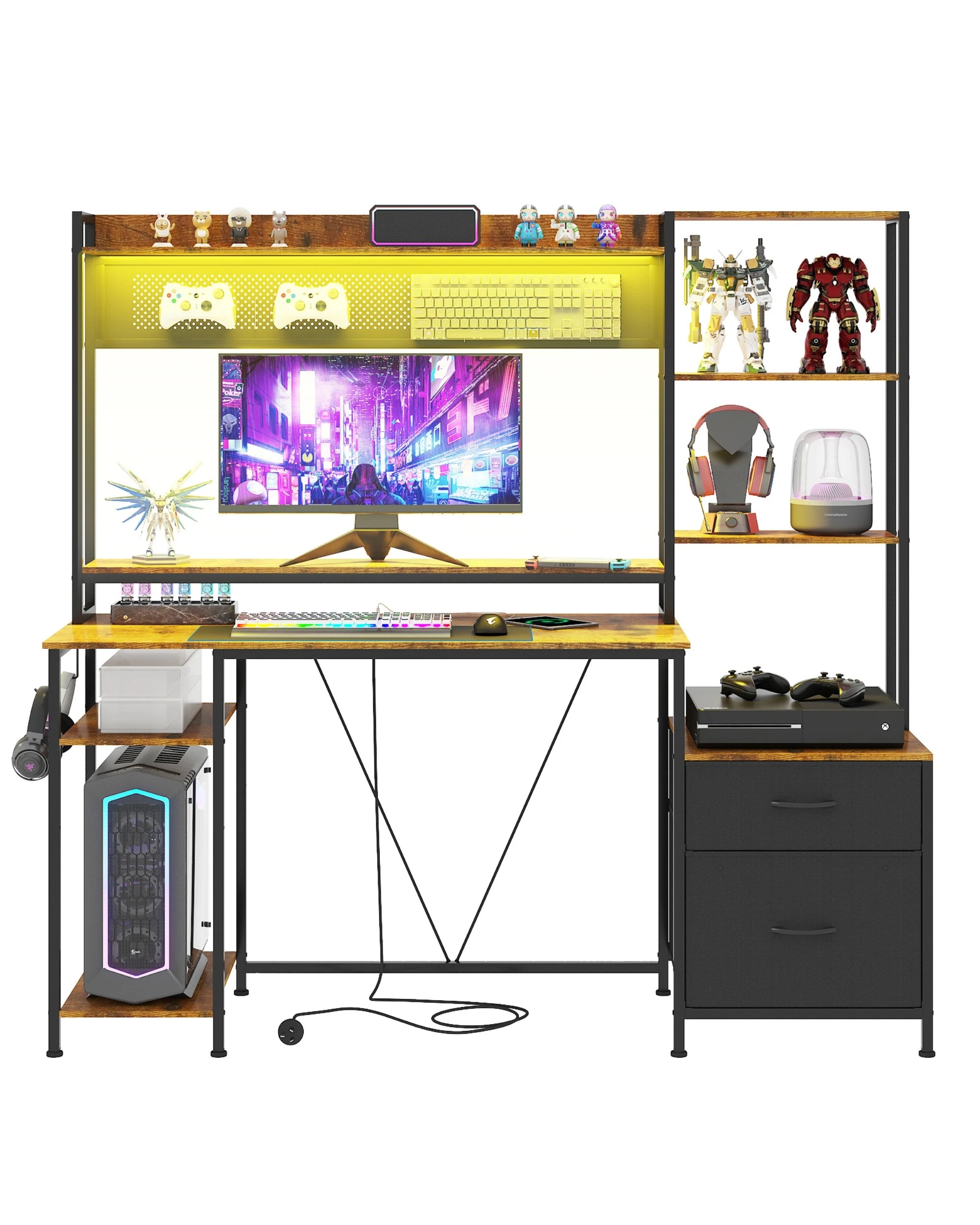 1 Advwin 165cm Reversible  Gaming Desk with LED Lights & Power Outlets - Brown, 1 of 10