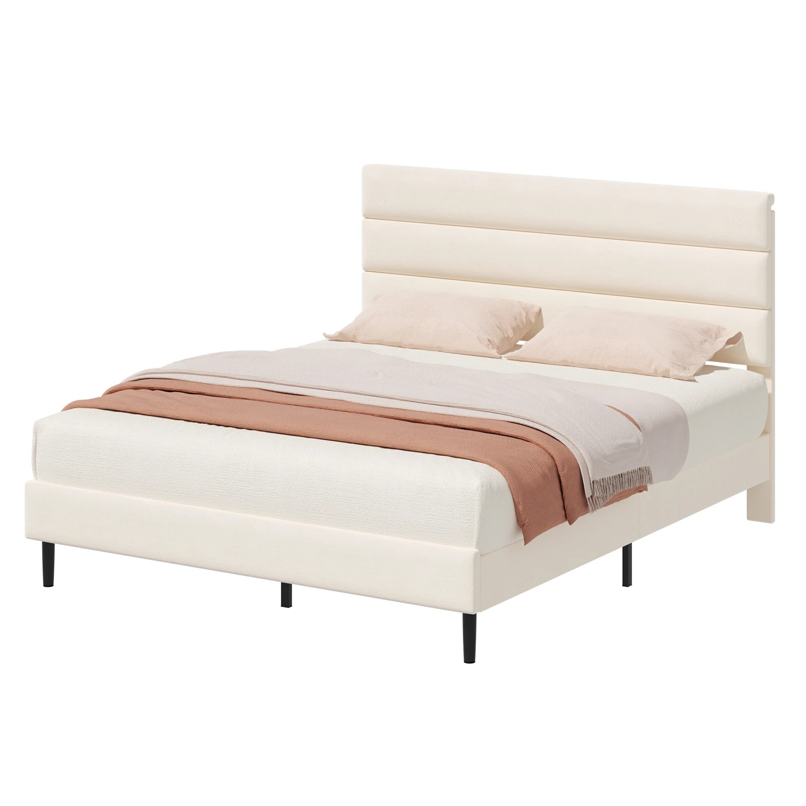 1 Advwin Double Velvet Upholstered Bed Frame with Wooden Slats - Beige, 1 of 7
