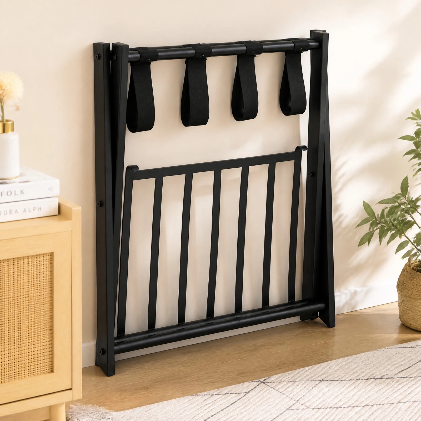 2 Costway 2-Tier Folding Luggage Rack Iron Suitcase Stand w/Shelf Bag Suitcase Storage - Black, 2 of 5