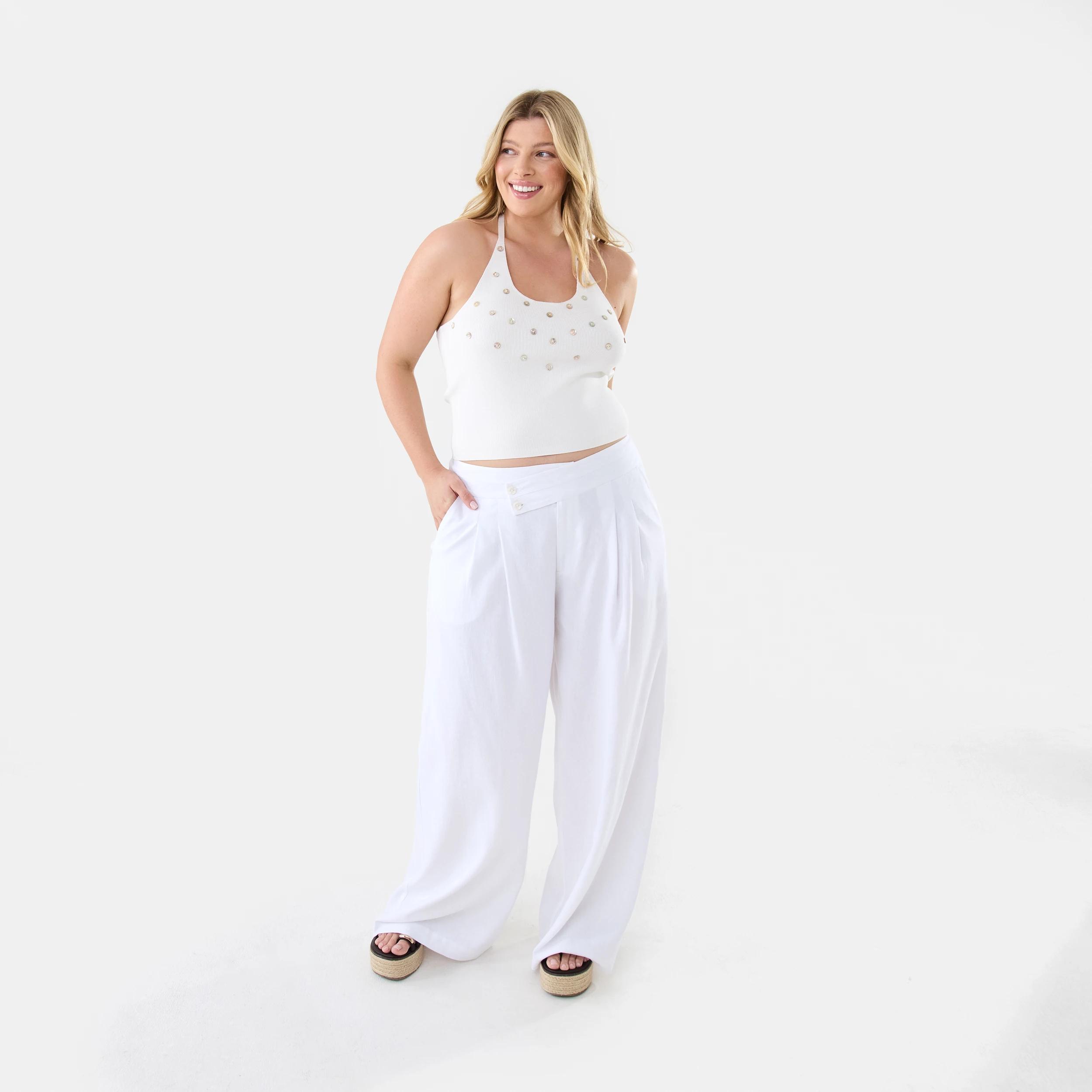 4 Linen Blend Palazzo Pants White, 4 of 8
