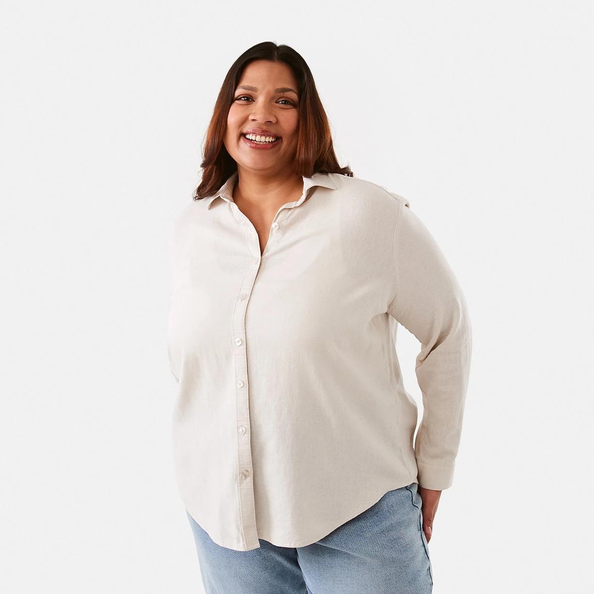 3 Curve Long Sleeve Linen Blend Shirt Nat Beige, 3 of 8