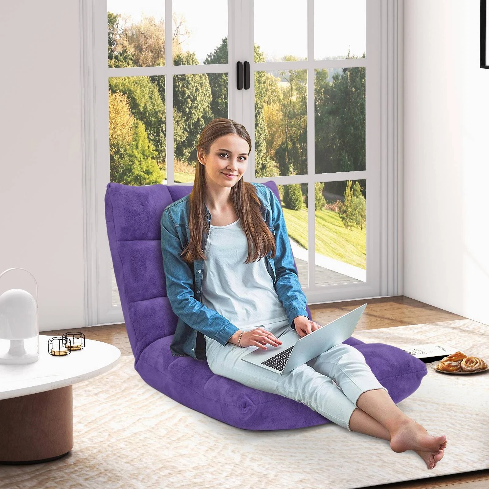 8 Costway Adjustable Floor Chair Lazy Sofa Velvet Lounge Recliner - Purple, 8 of 8