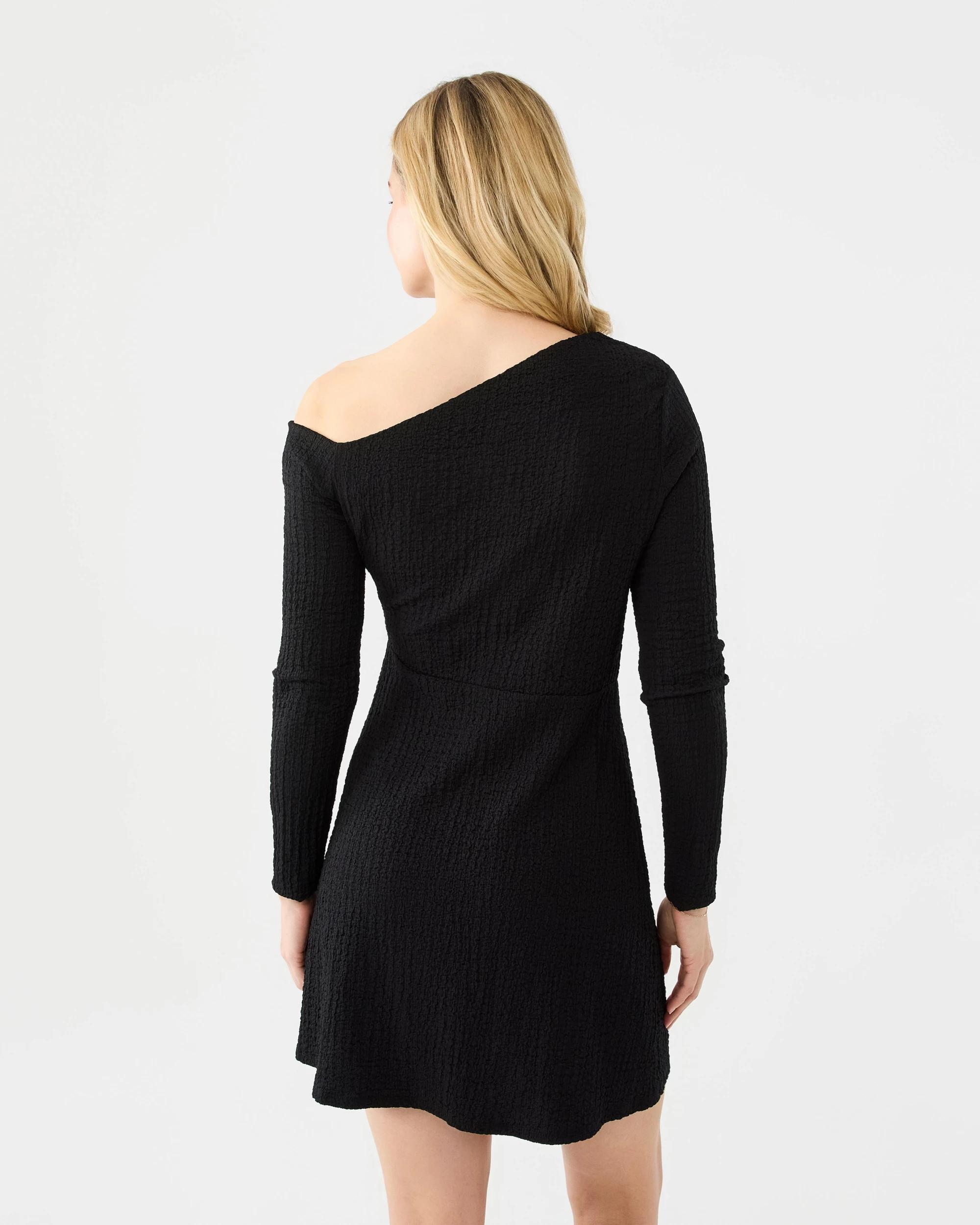 3 Long Sleeve Crinkle Asymmetric Mini Dress Black, 3 of 8