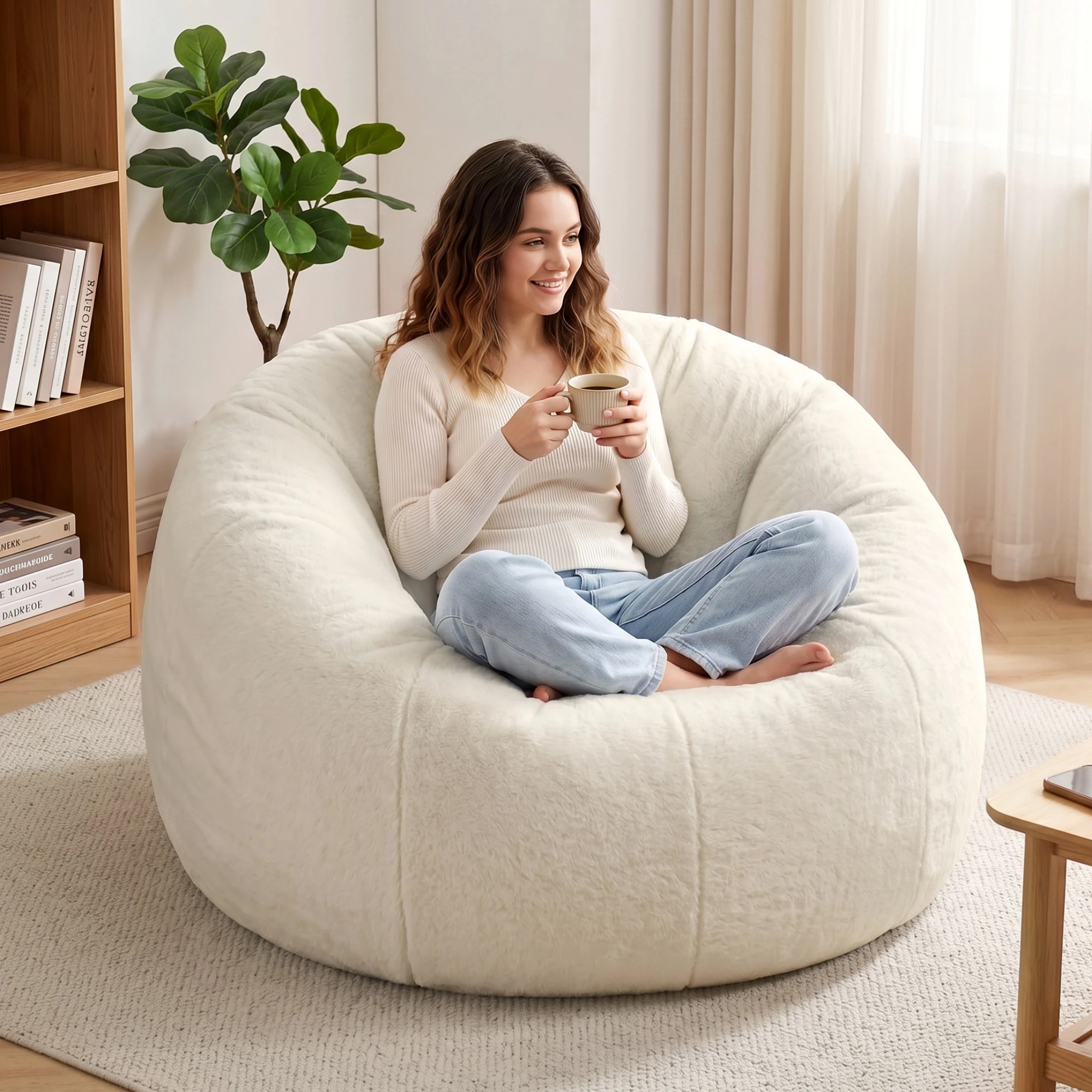 8 Artiss Bean Bag Chair Cover Faux Fur No Filler Washable Lazy Sofa Cover - Beige, 8 of 10