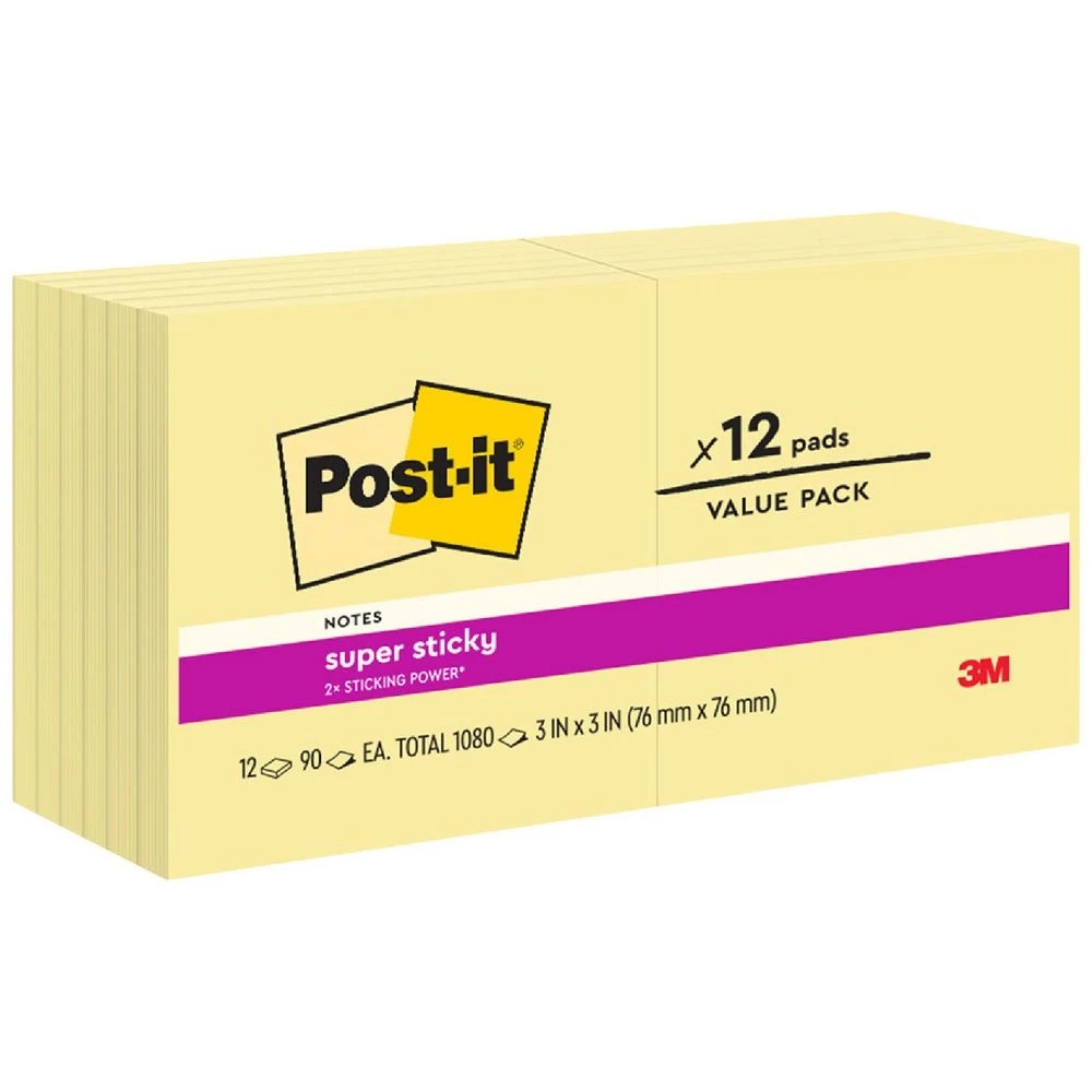 1 Post-it Super Sticky Notes 76 x 76mm Canary Yellow 12 Pack, 1 of 8