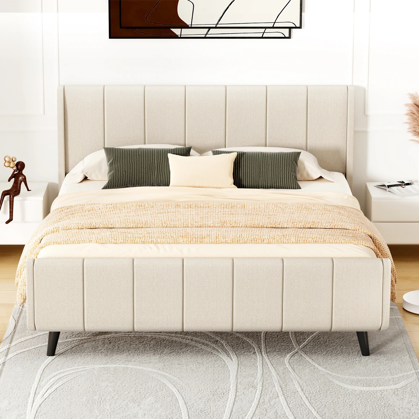 3 Alfordson Bed Frame Queen Size Tufted Headboard Base Beige Fabric Hundolf - Beige, 3 of 10