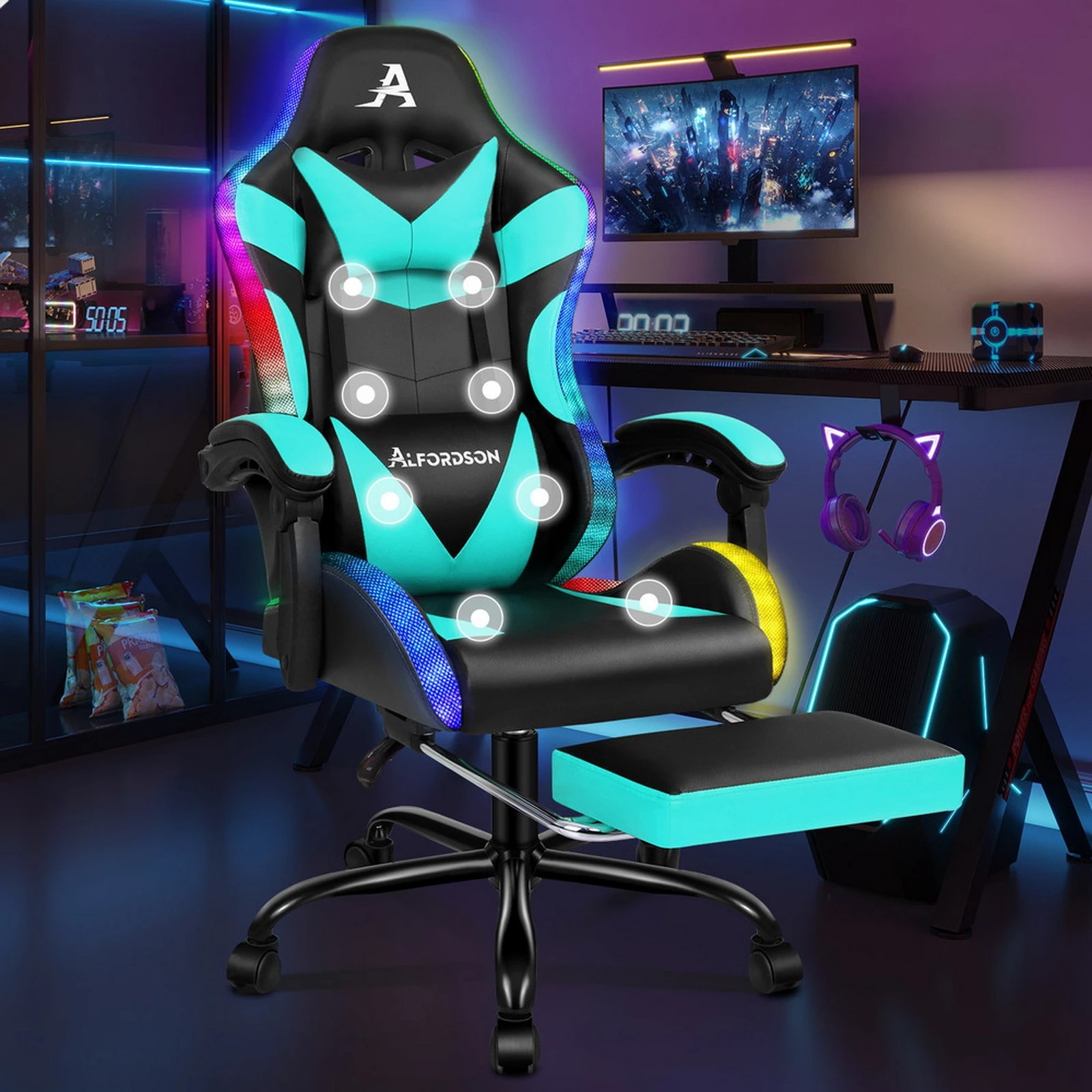9 Alfordson Gaming Chair Office Massage 12 RGB LED Computer Seat PU Leather - Cyan, 9 of 10