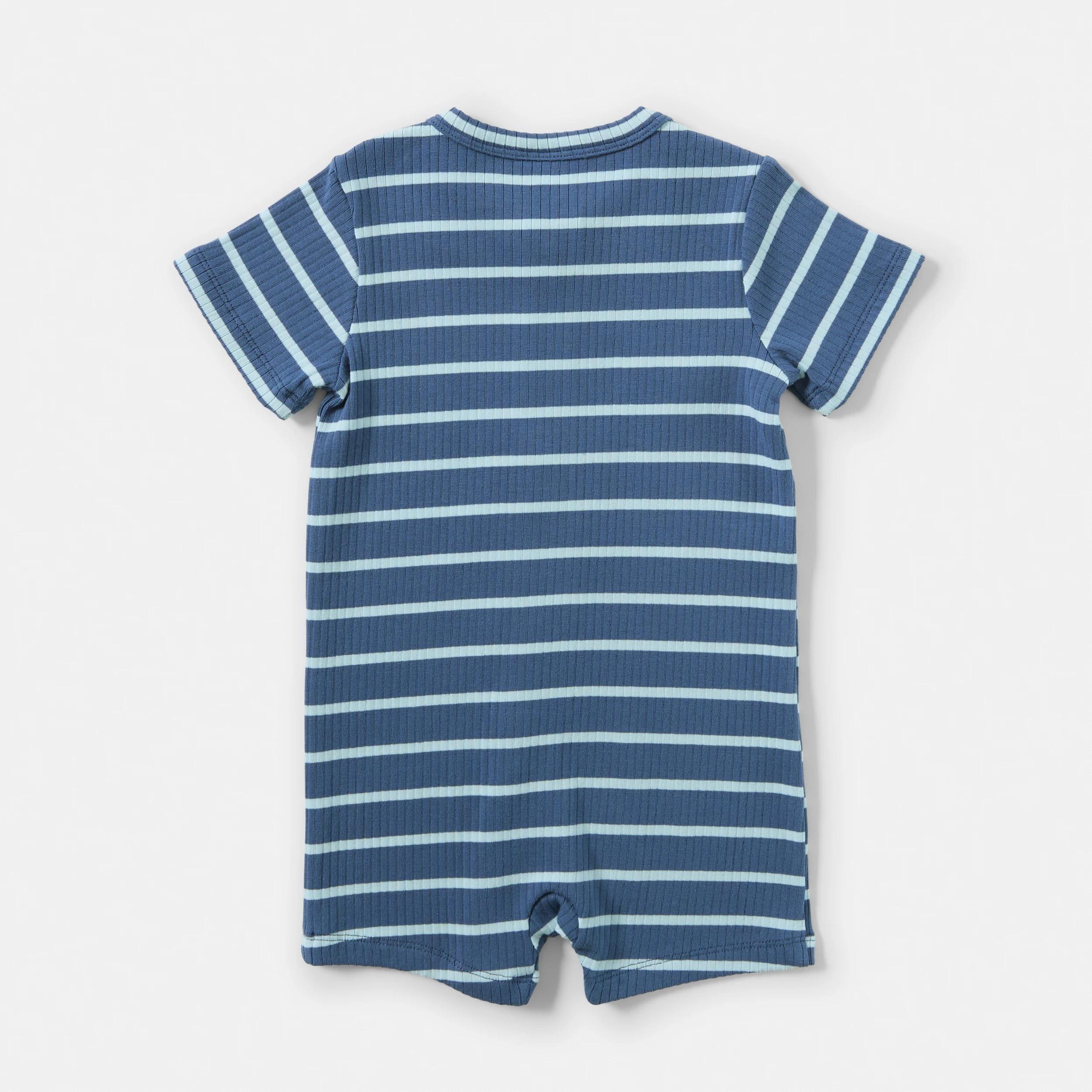 2 Short Sleeve Rib Zip Romper BLUE STRIPES, 2 of 3