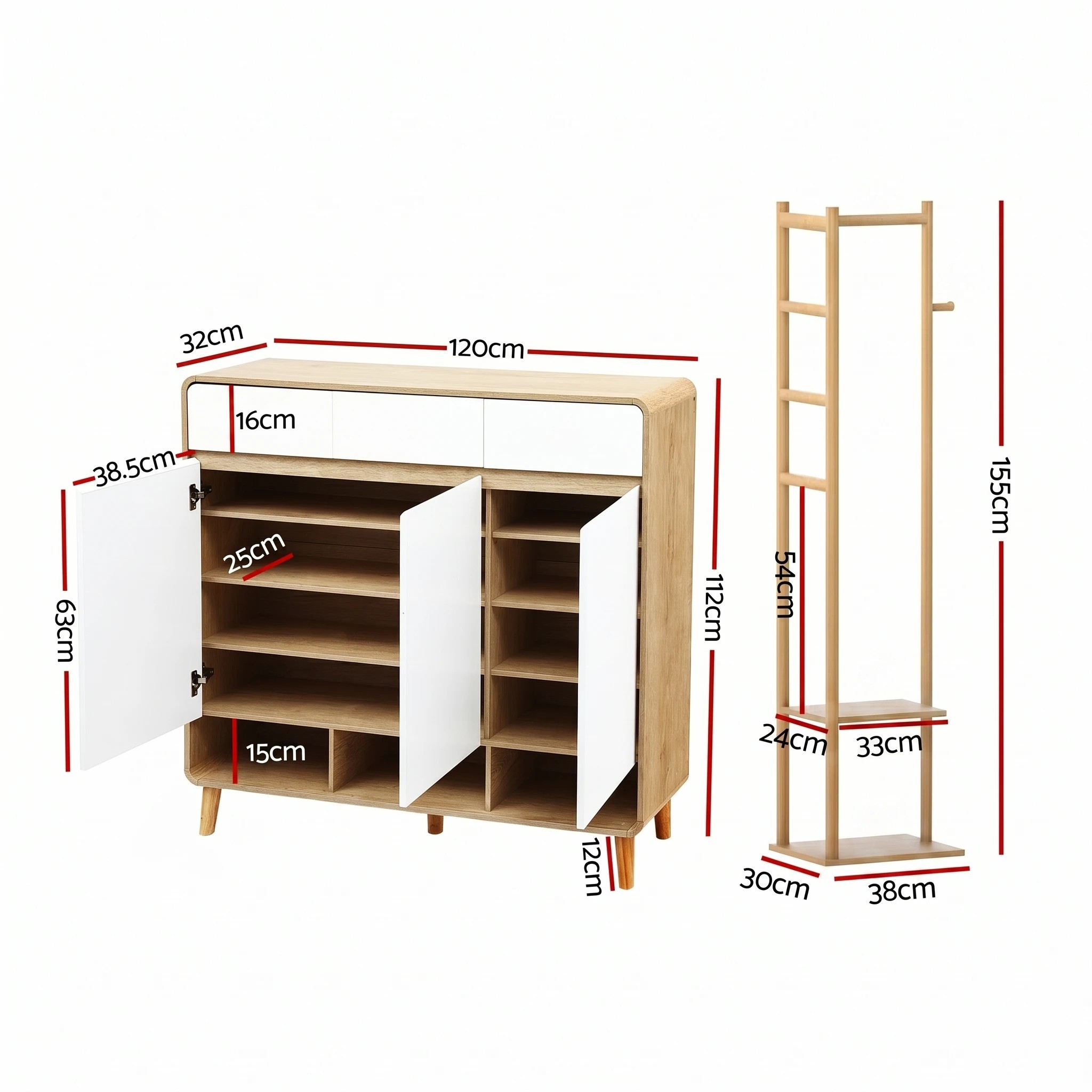 3 Artiss Shoe Rack Cabinet Wooden & Bamboo Clothes Rack Set Storage Shelf for Entryway Hallway - Multi, 3 of 9