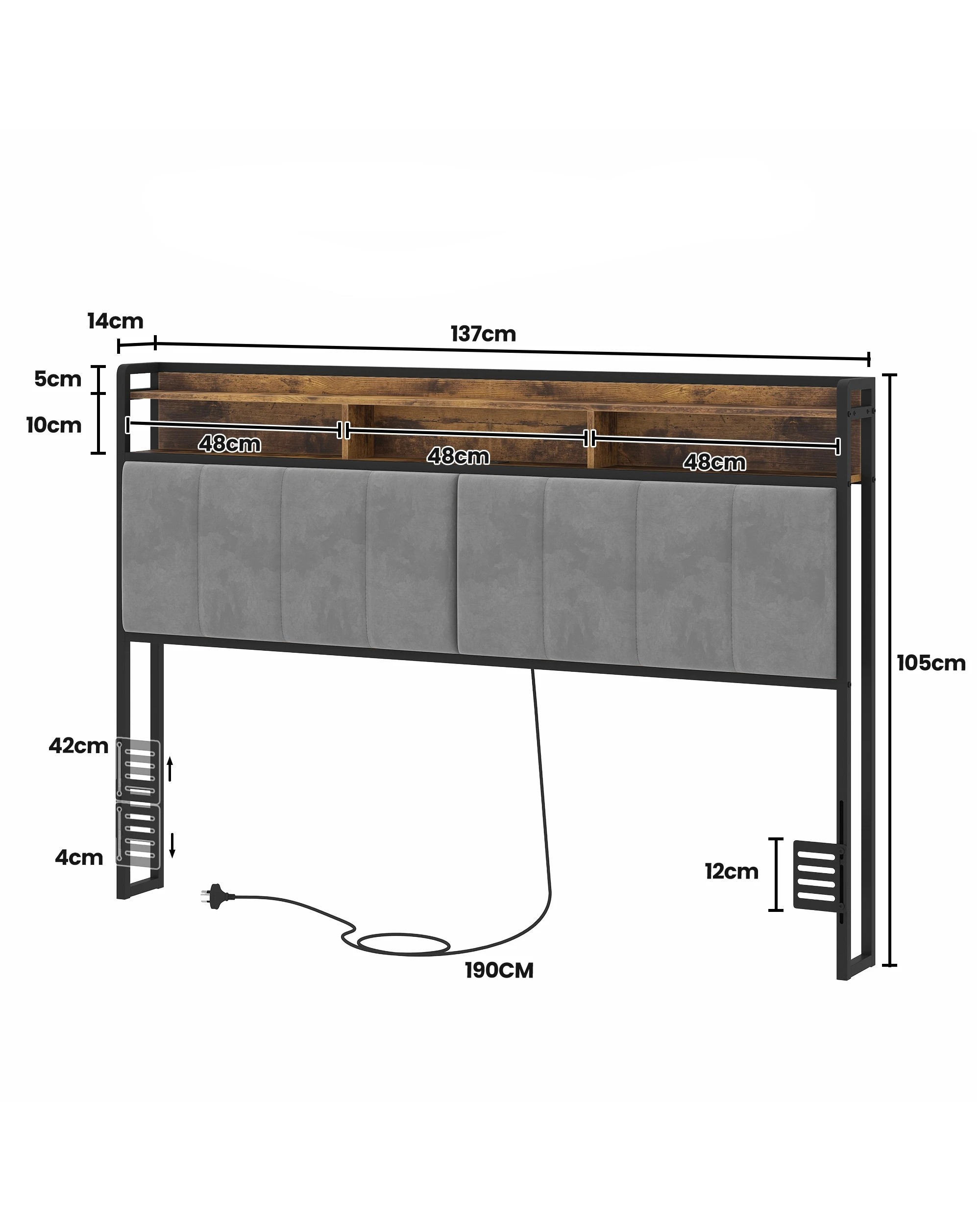 3 Advwin Double Size Storage Headboard Upholstered with LED Light Charging Station - Grey, 3 of 5