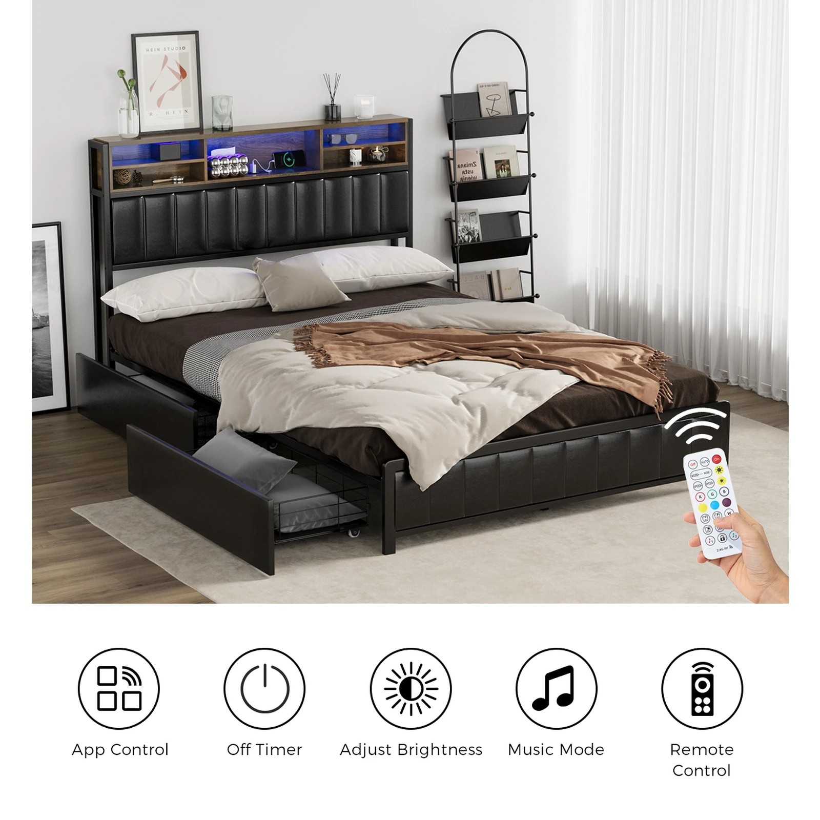 5 Oikiture Bed Frame Double Size LED Storage Headboard USB Charge 2 Drawers - Black, 5 of 9