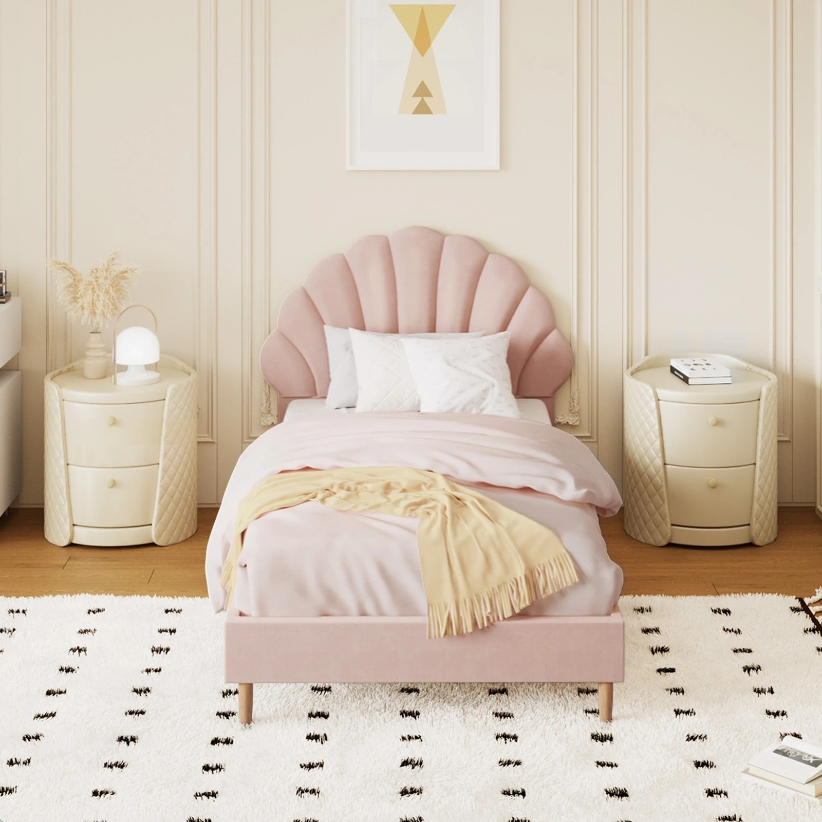 3 Oikiture Single Bed Frame Scallop-shape Bedhead Velvet
 - Pink, 3 of 10