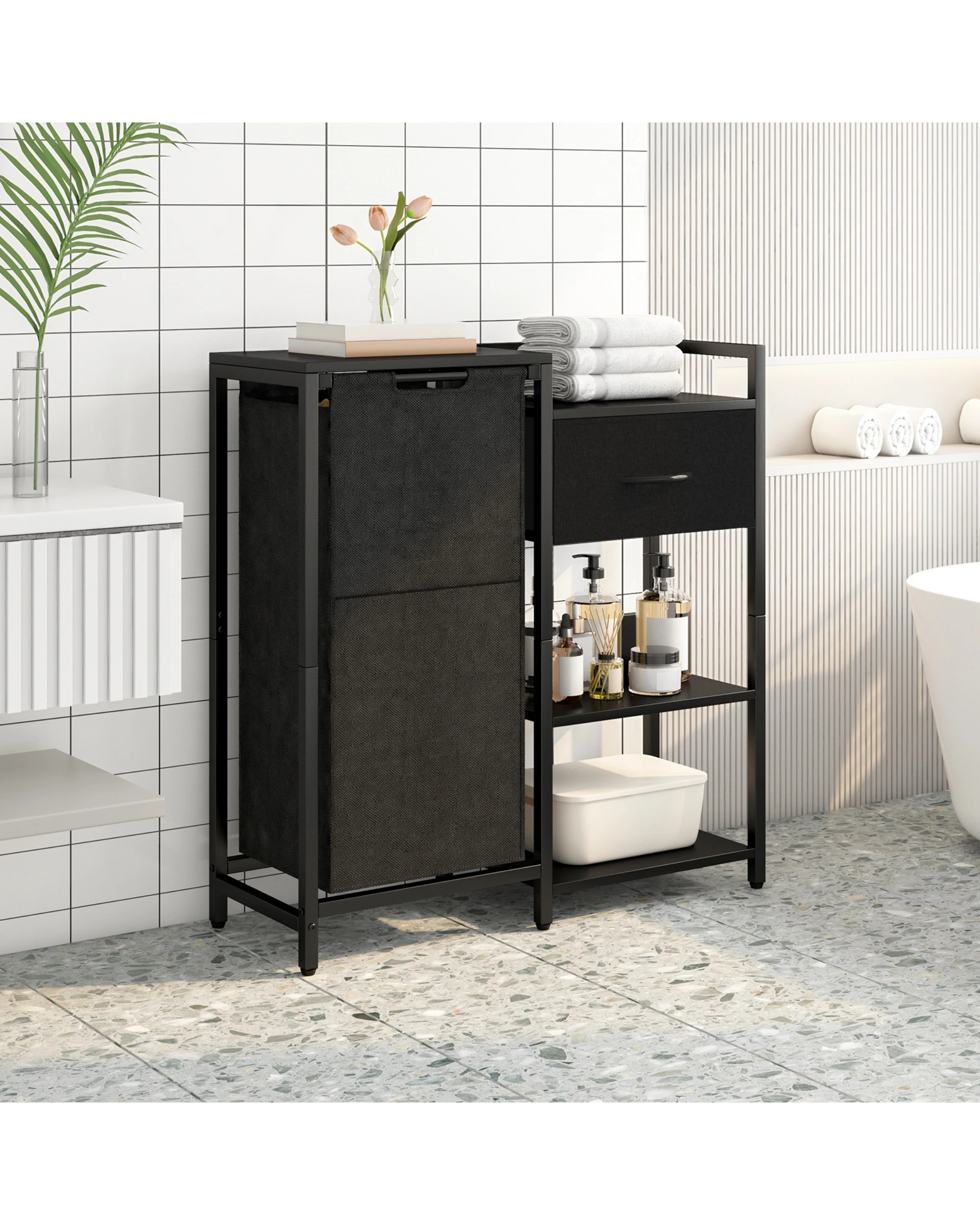 3 Advwin Laundry Basket Sorter with Fabric Drawer and Shelves 60L - Black, 3 of 4