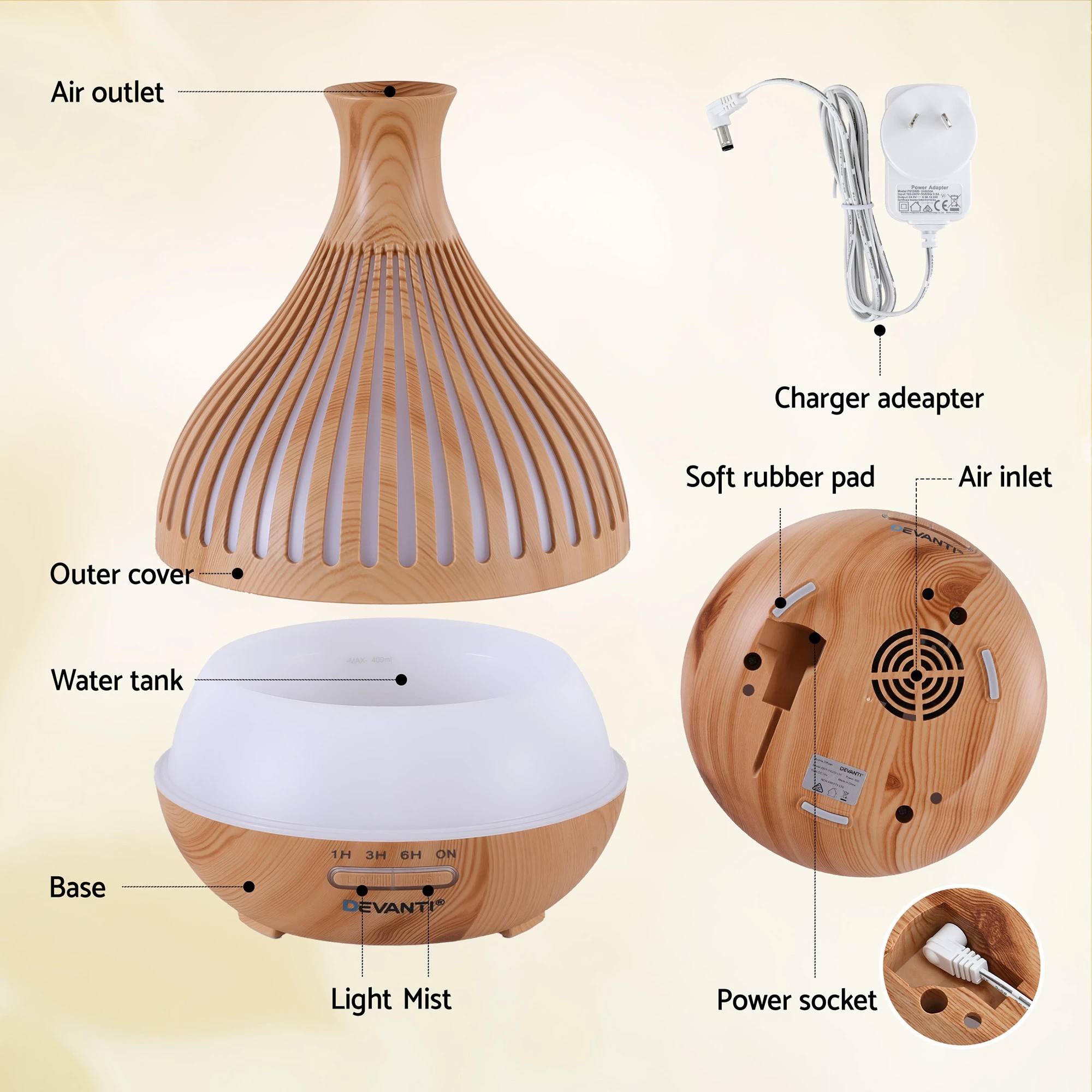 8 Devanti Ultrasonic Aroma Diffuser Aromatherapy 400ml LED Lights Iron Humidifier  Light wood grain - Natural, 8 of 9
