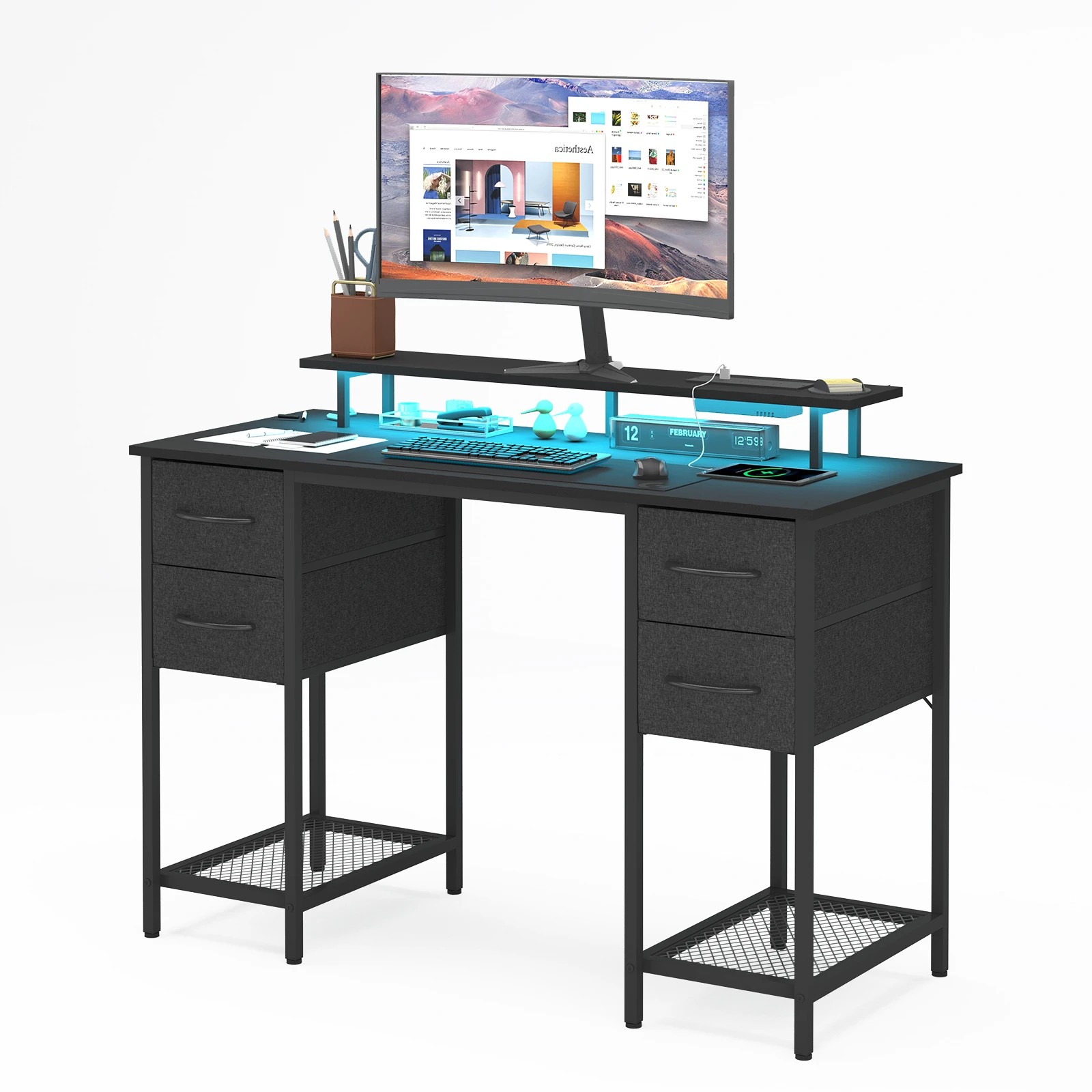 5 Advwin 120cm Computer Desk With Led Lights Power Outlets Gaming Desk Black, 5 of 10