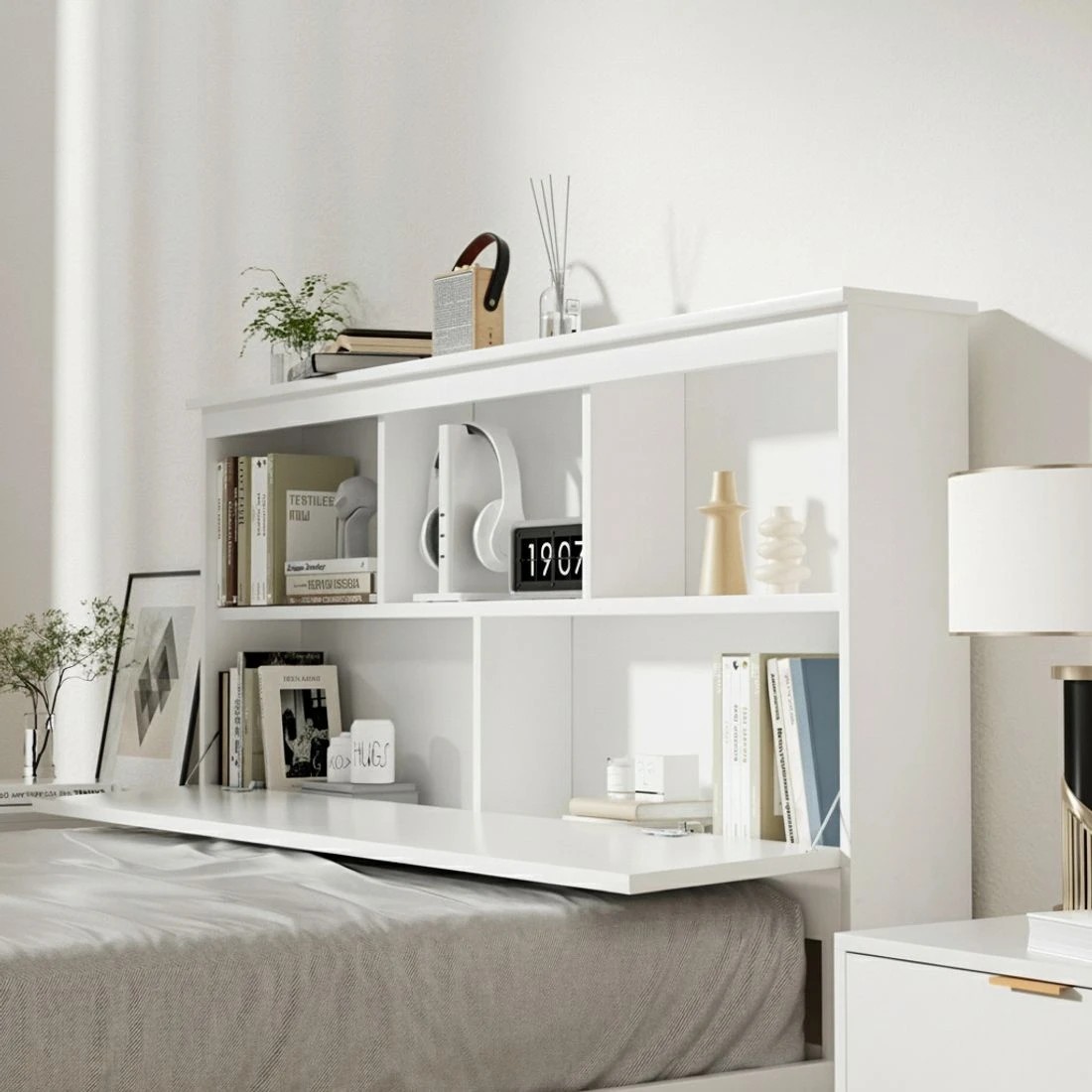 4 Artiss Bed Frame Double Size en with 3 Shelves Bed Head - White, 4 of 10