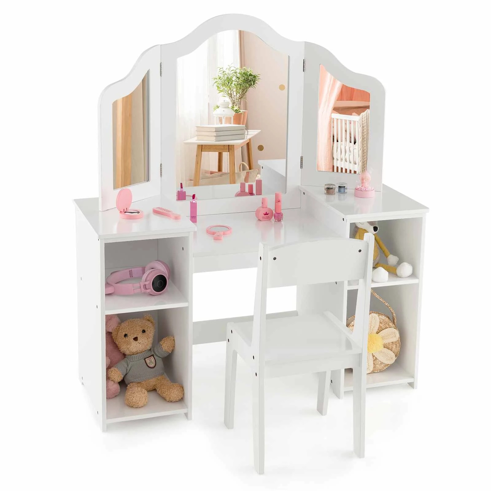 1 Costway 2-in-1 Vanity Table Set Princess Dressing Table Chair w/Tri-fold Mirror - White, 1 of 2