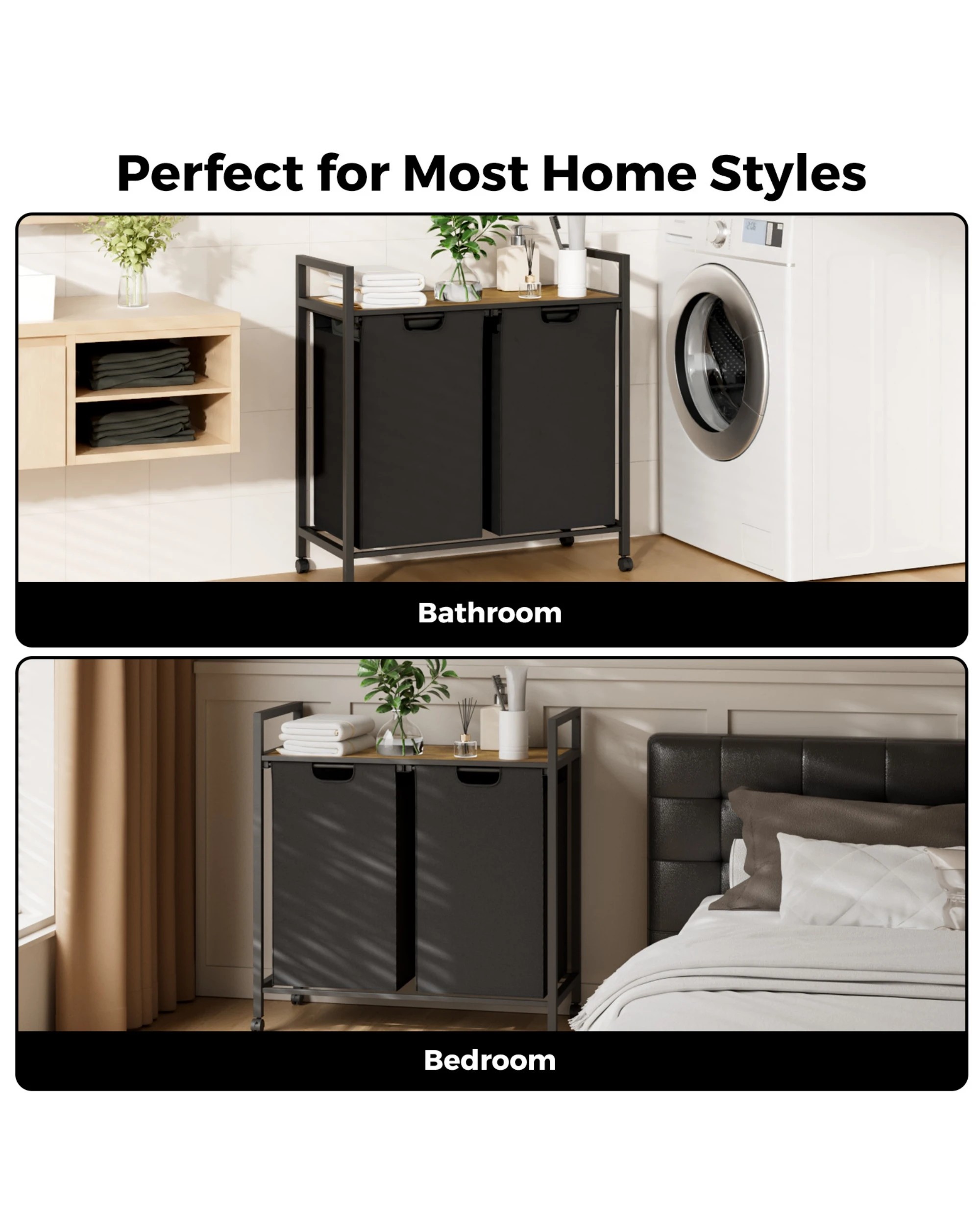 2 Advwin Laundry Hamper with Shelf 2x45L Pull-out Removable Bags - Black, 2 of 4