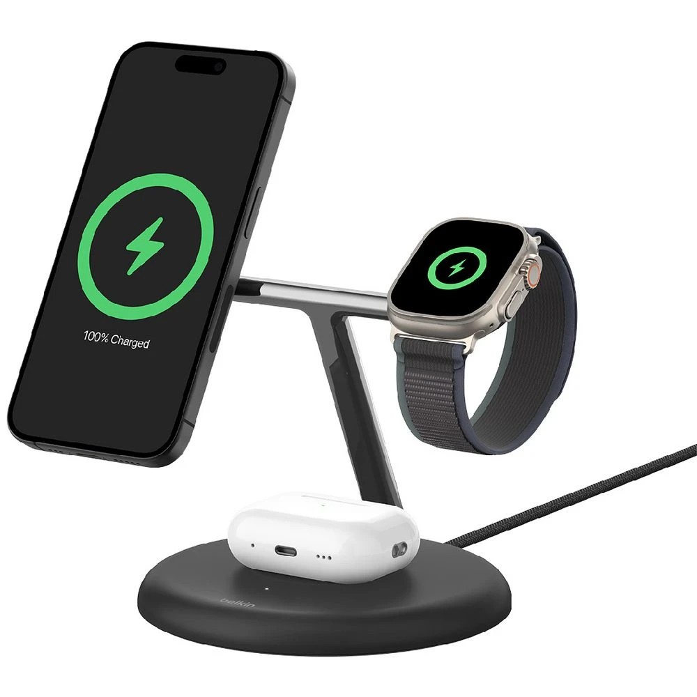 2 Belkin BoostCharge Pro 15W Qi2 3-in-1 Wireless Charger Black, 2 of 9