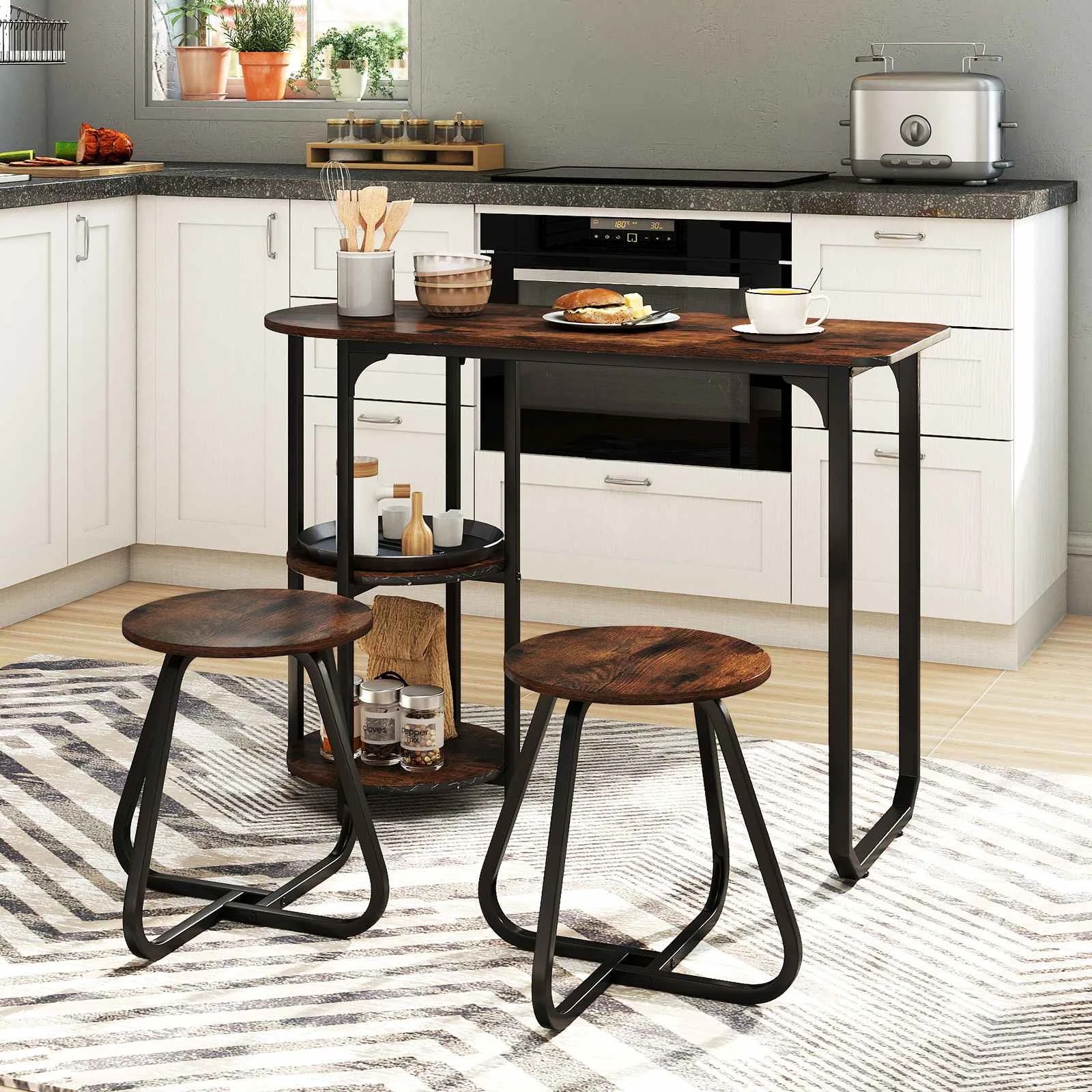 3 Costway 3PCS Kitchen Dining Table Set w/2 Stools 2-Tier Storage Shelf Metal Space Savor, 3 of 5