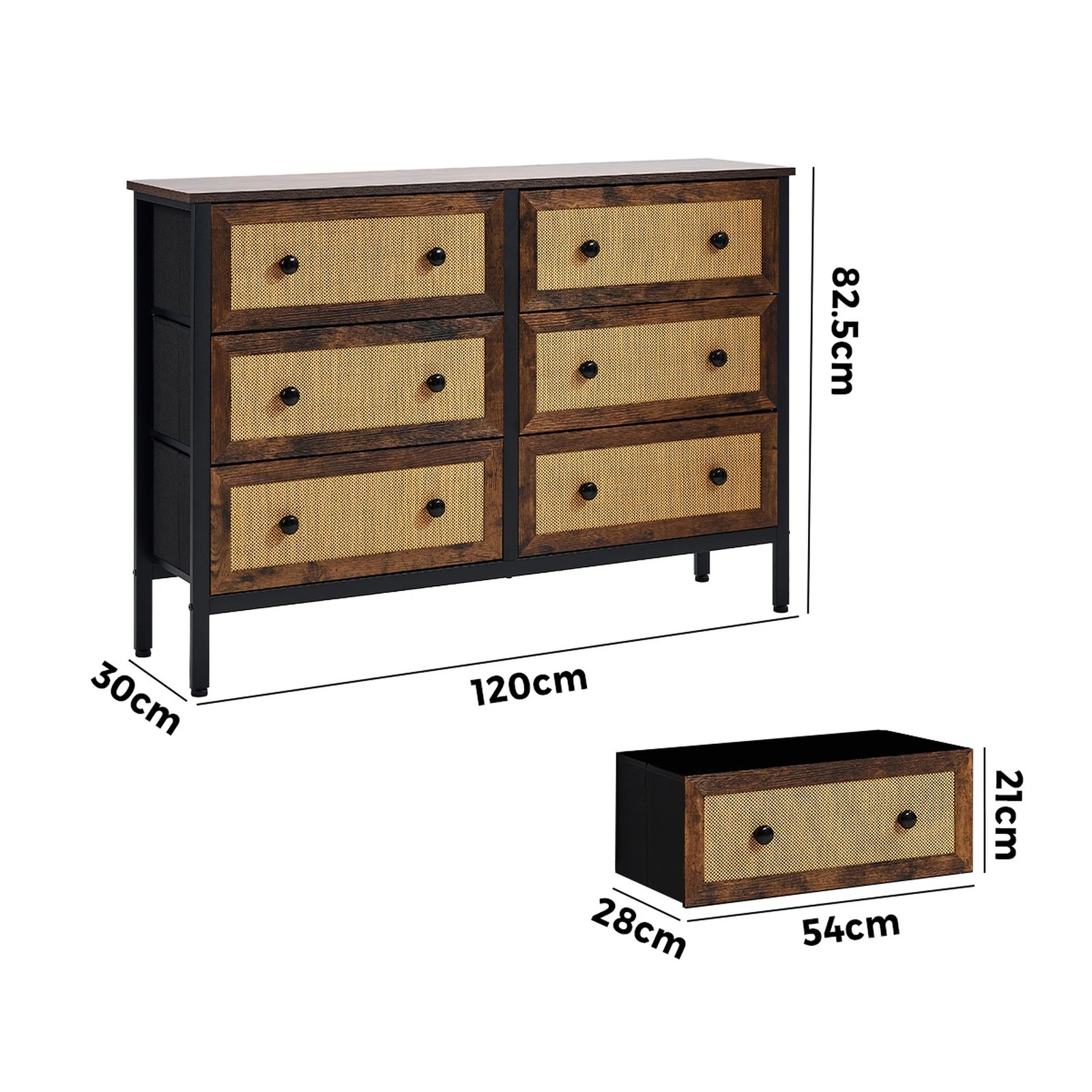 2 Oikiture 6 Chest of Drawers Storage Cabinet Rattan Fabric Dresser Tallboy - Multi, 2 of 6