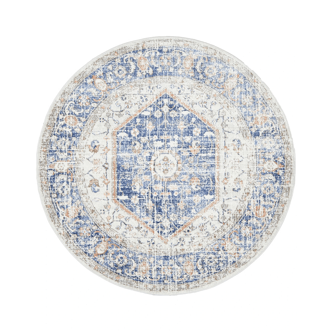 1 RUG CULTURE Mayfair Lorissa Round Rug, Ocean Blue &amp; Peach, 10 mm Polypropylene, Power Loomed, Made in Turkey - Blue, 1 of 9