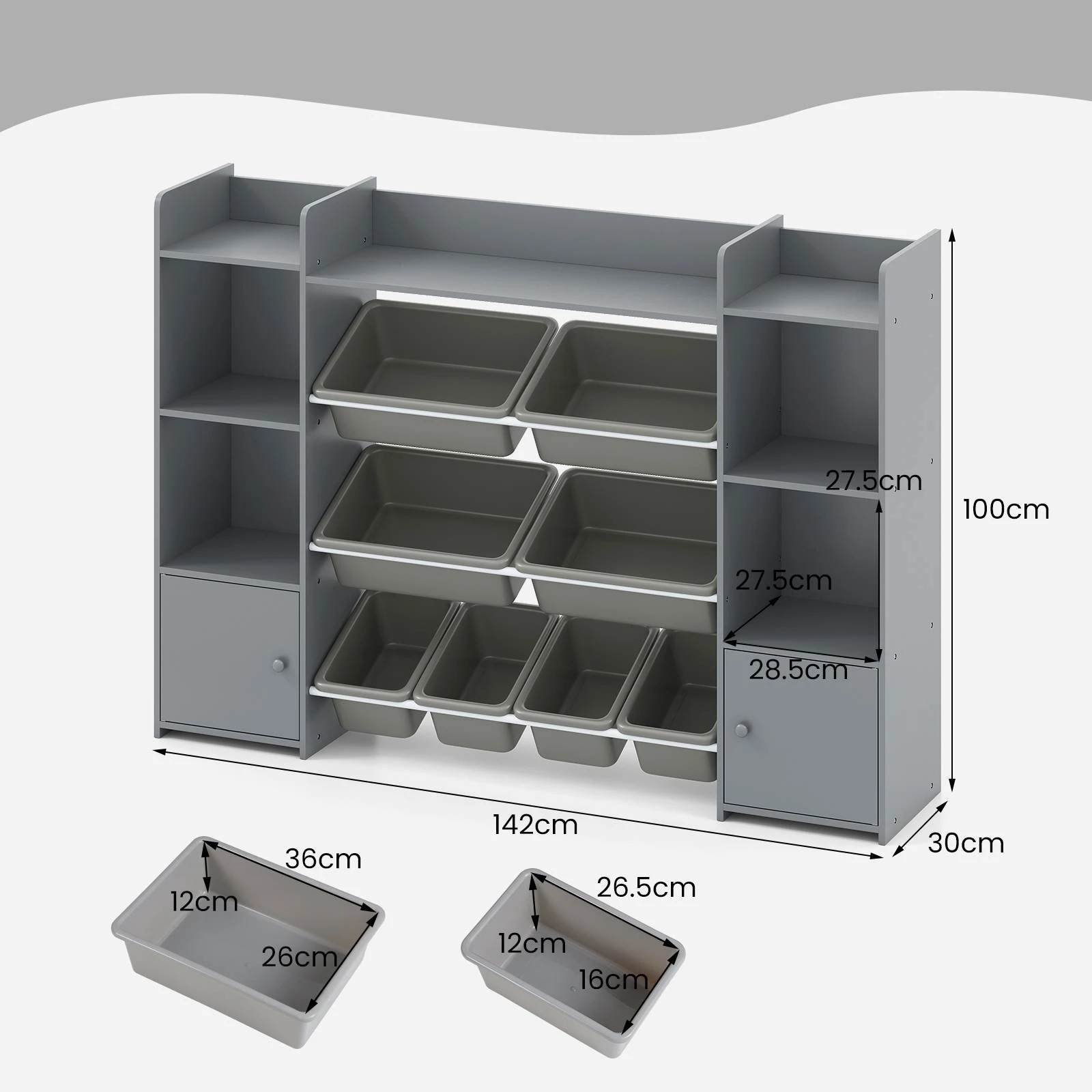 2 Costway Toy Storage Organiser Bookcase Toy Display Shelf w/& Plastic Bins - Grey, 2 of 4
