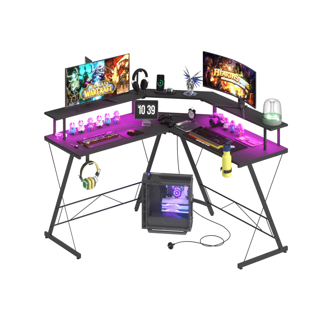 1 Advwin 126cm L Shaped Gaming Desk With Led Lights & Power Outlets Computer Desk Black, 1 of 10