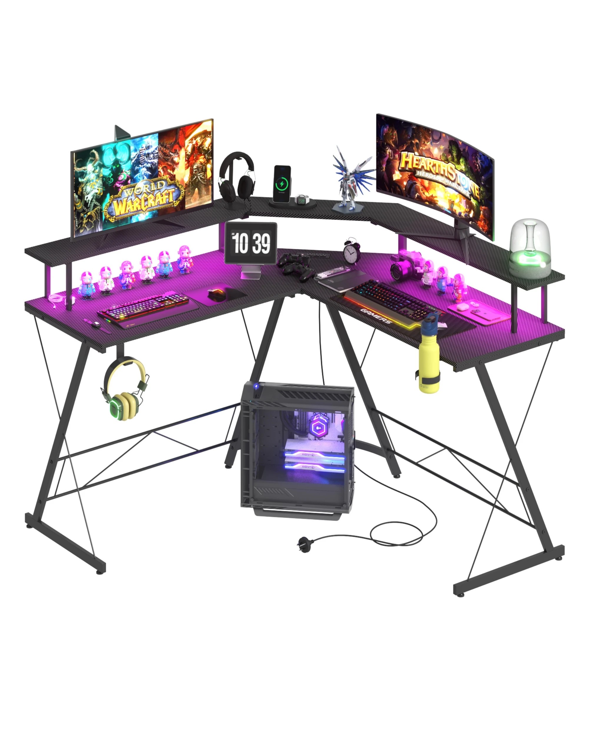 1 Advwin 126cm L Shaped Gaming Desk With Led Lights & Power Outlets Computer Desk Black, 1 of 10