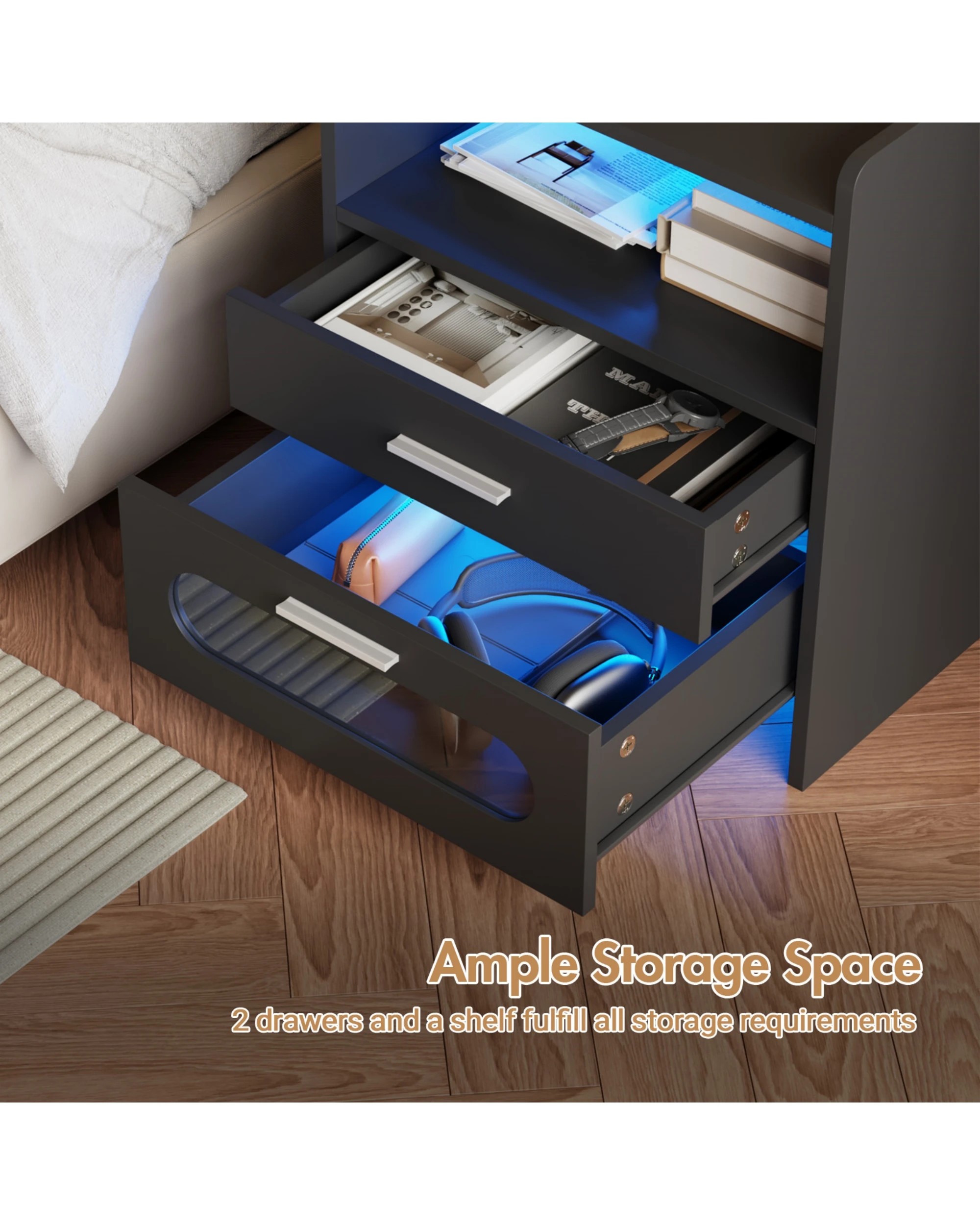 8 Advwin Bedside Table Wireless Charging Station Led Lights 2 Drawers Storage
 - Black, 8 of 9