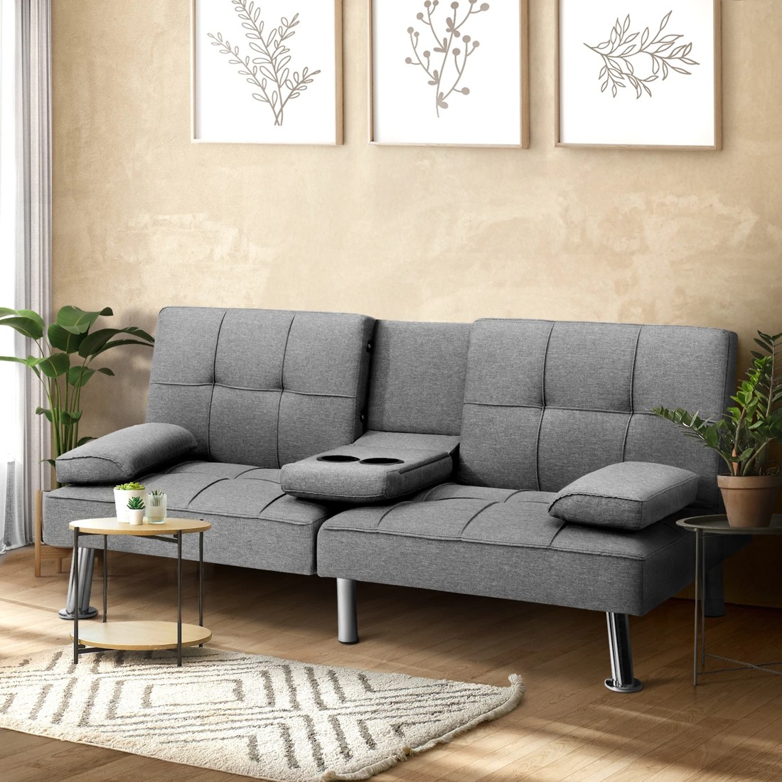 2 Oikiture Sofa Bed Lounge 3 Seater Futon Couch Beds Recliner Cup Holder Fabric
 - Grey, 2 of 10