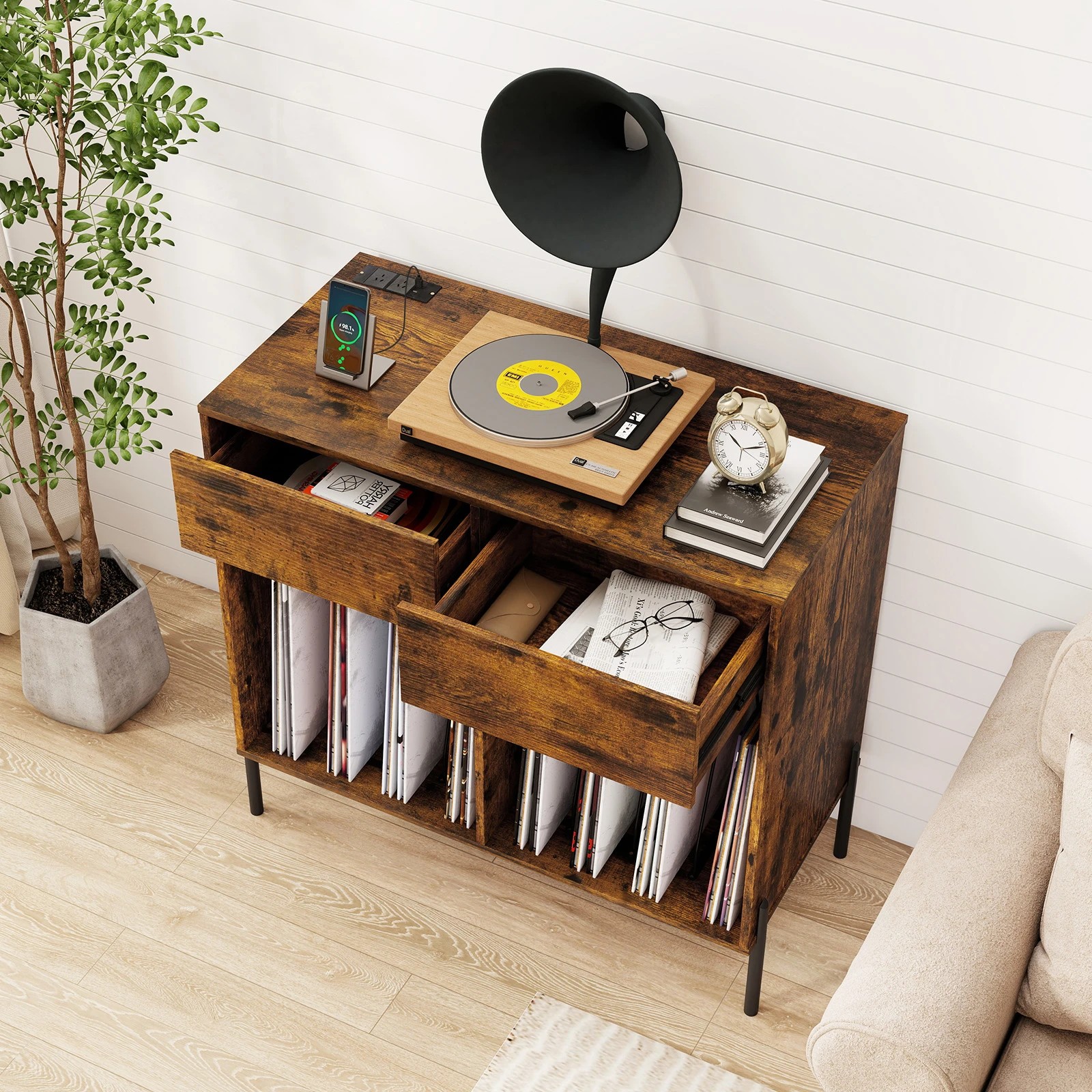 4 Costway Record Player Stand Double Wide Turntable Stand w/Power Outlets - Brown, 4 of 5