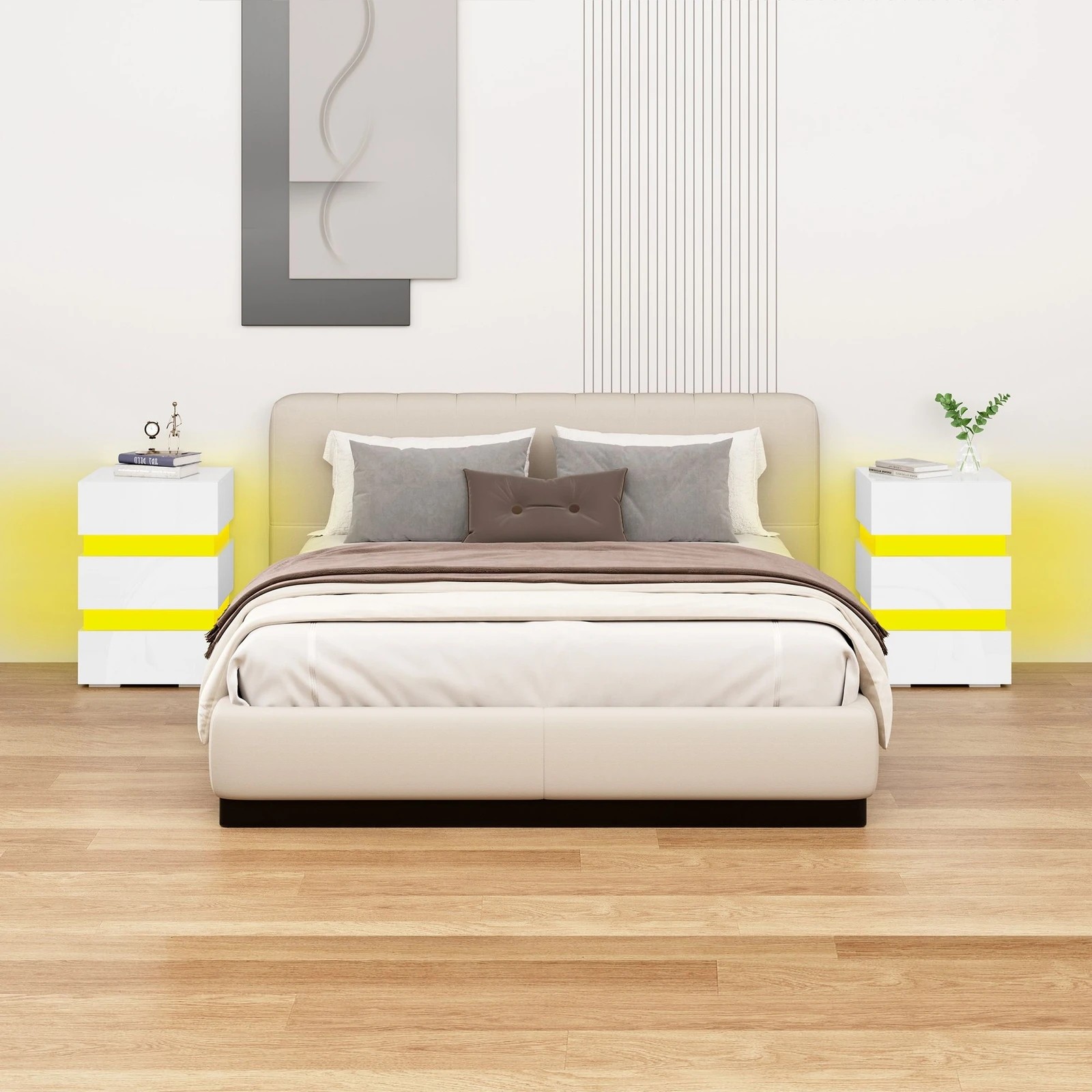 2 Alfordson Bedside Table RGB LED Nightstand 3 Drawers 4 Side High Gloss - White, 2 of 10