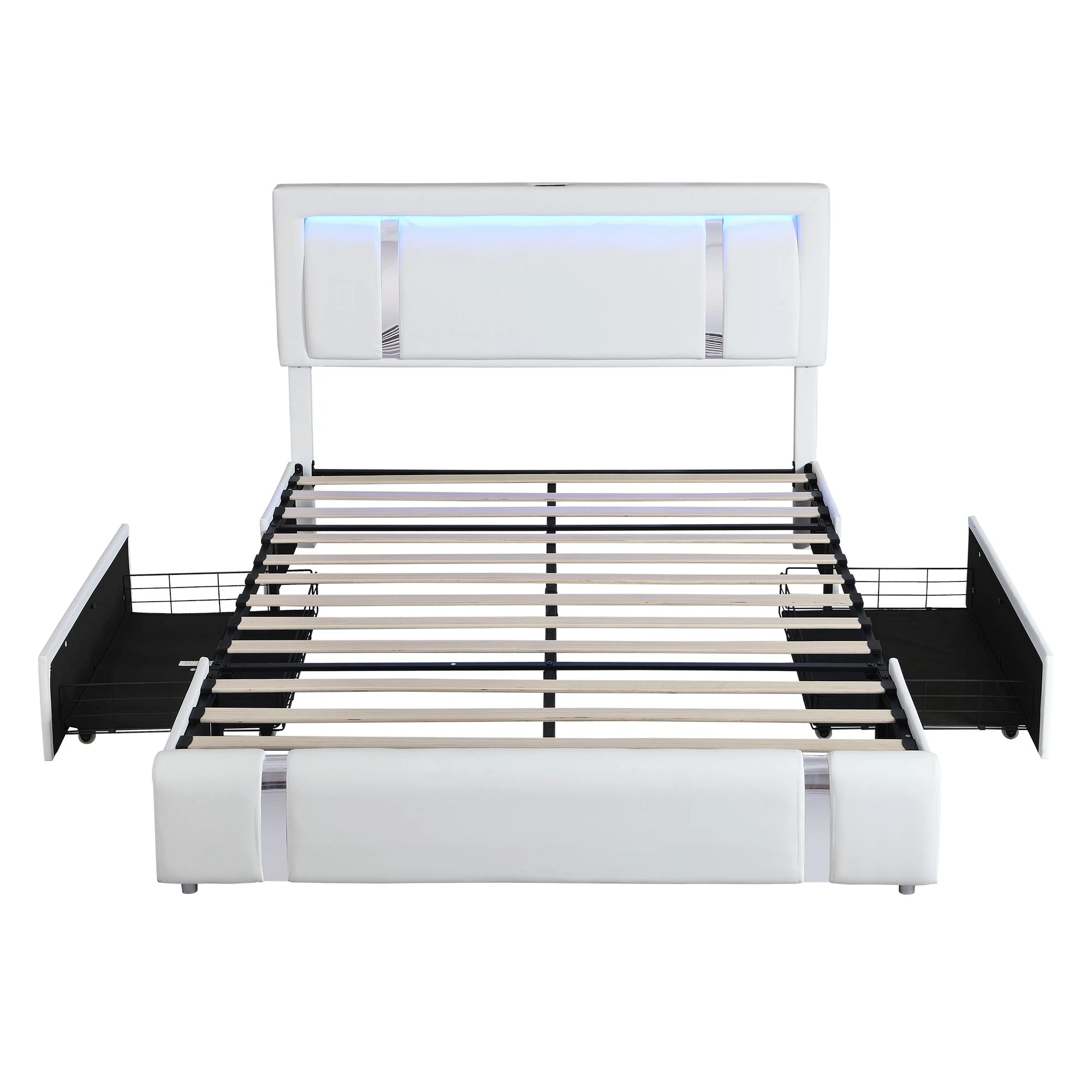 2 Levede King Bed Frame PU with LED USB and 2 Drawers - White, 2 of 9