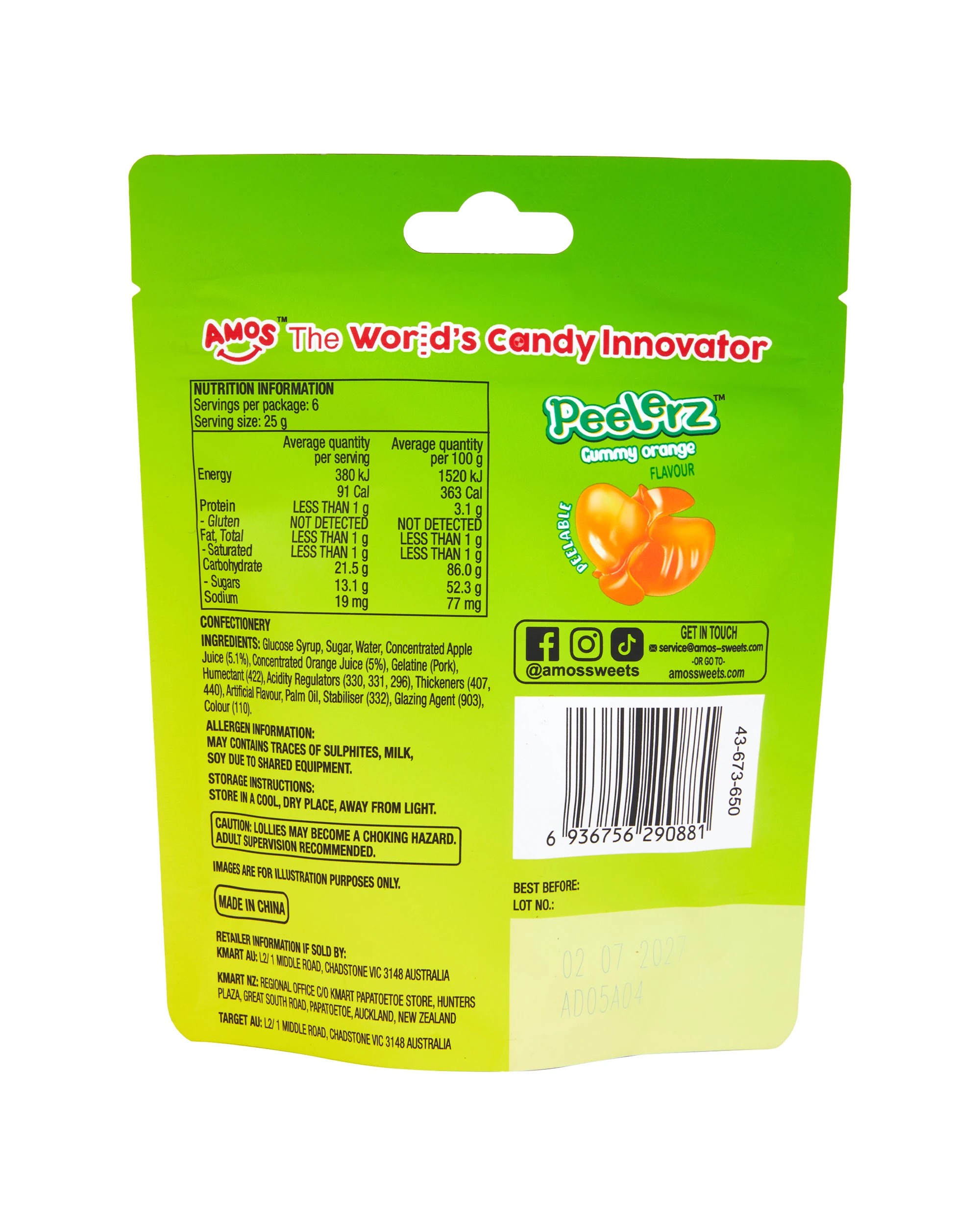 3 Amos Peelerz Orange Flavour Gummy Candy 150g, 3 of 3
