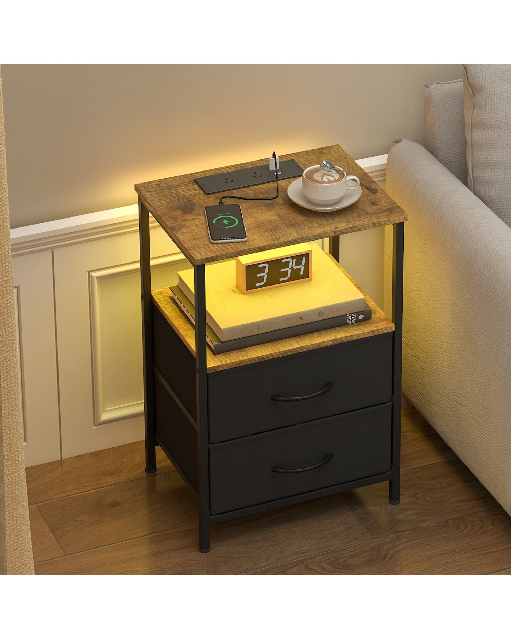 4 Advwin Led Bedside Table with Charging Station 2 Fabric Drawers - Brown, 4 of 6