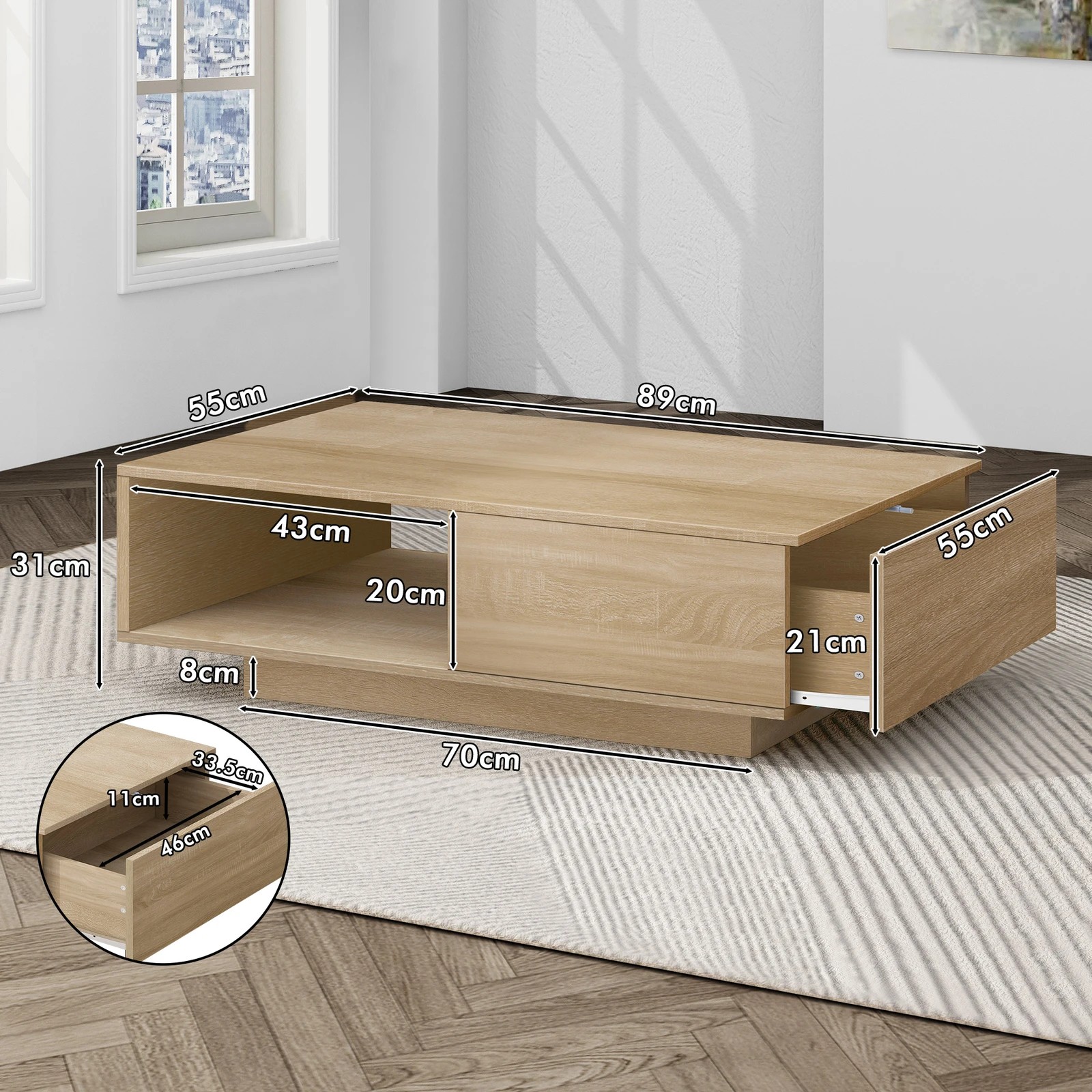 3 Alfordson Coffee Table LED RGB Light Storage Drawer Modern Furniture - Oak, 3 of 9