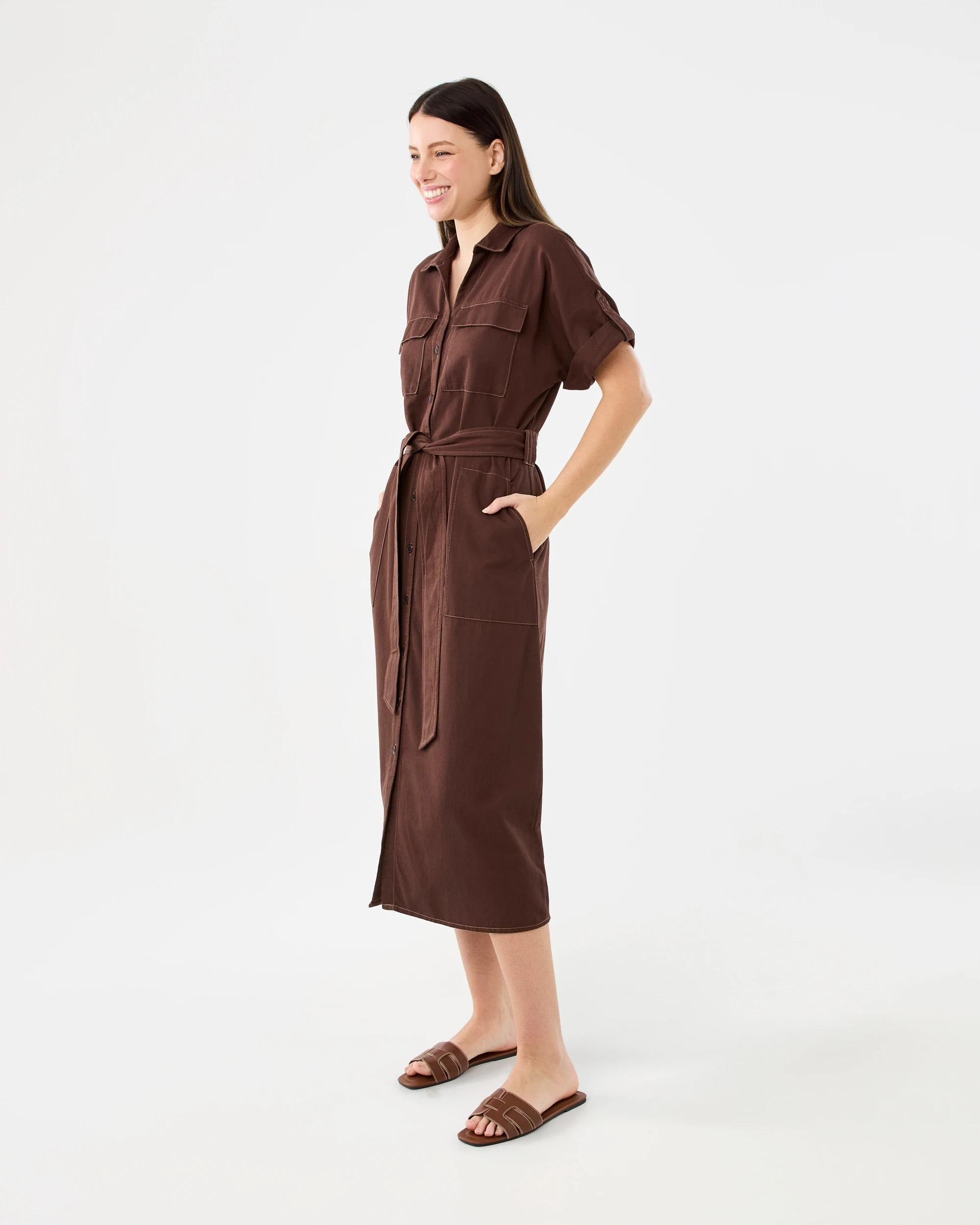 2 Short Sleeves Utility Midi Dress Deep Cocoa, 2 of 7