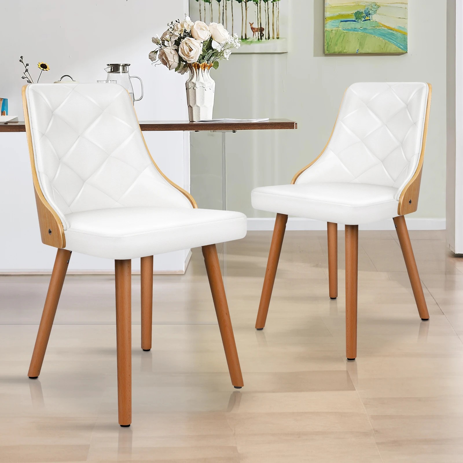 2 Alfordson 2x Dining Chairs Kitchen Lounge Padded Tufted Glossy PU Leather - White, 2 of 10