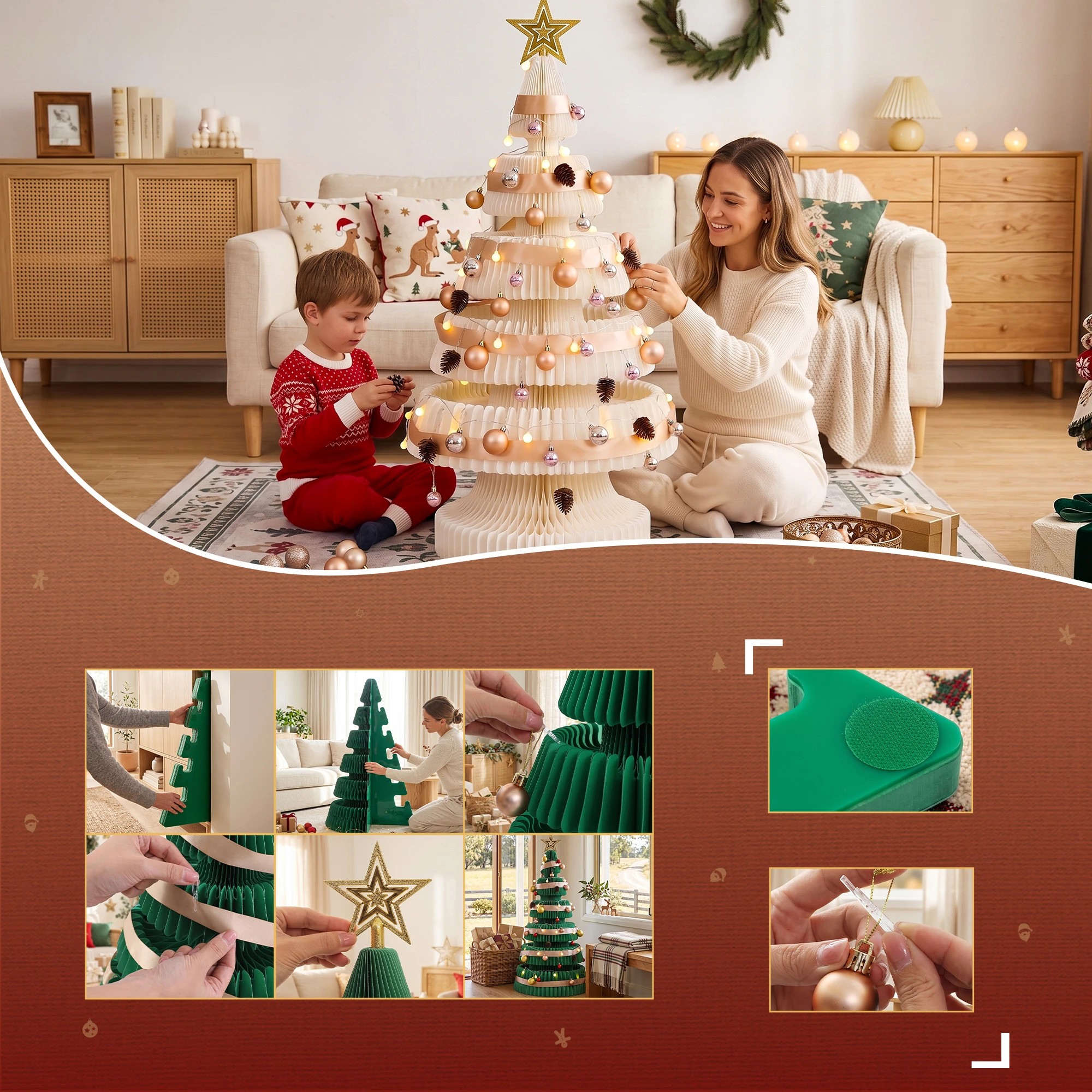 7 Jingle Jollys Paper Christmas Tree Foldable 114CM w/ Star Topper LEDs Xmas Decoration Kit - White, 7 of 9