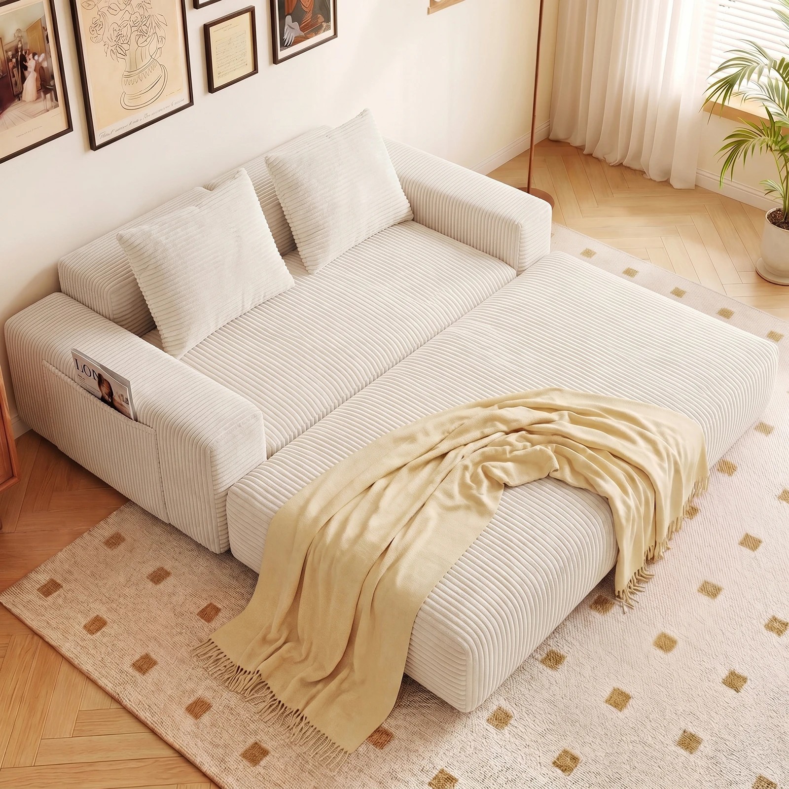 5 Advwin Folding Sofa Bed 2 in 1 Convertible Floor Loveseat Fold Out Corduroy Sleeper Couch - Beige, 5 of 7