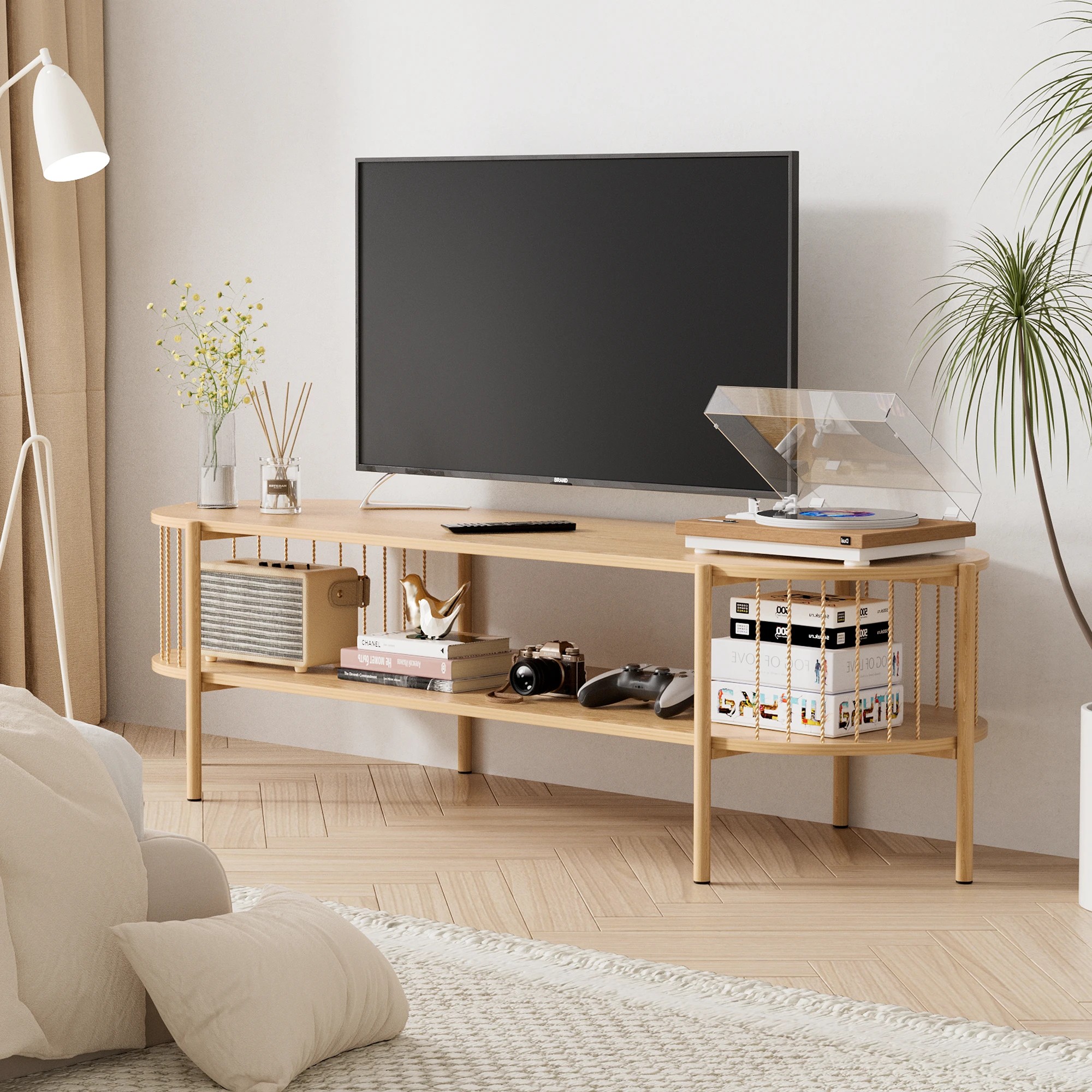 5 Artiss Swivel Floor Chair & TV Entertainment Unit with Storage Shelf Set - White, 5 of 7