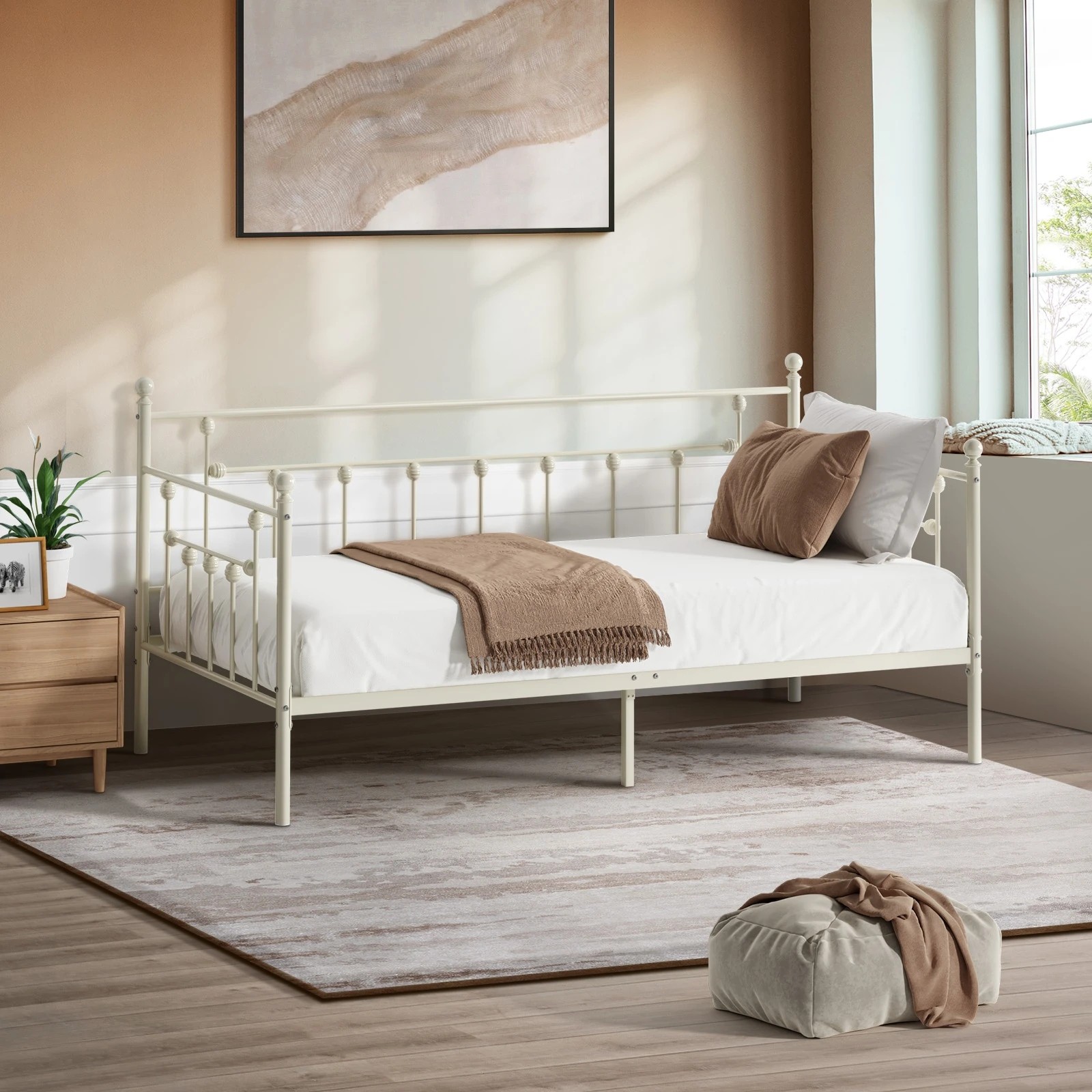 2 Oikiture Metal Daybed Frame Single Size Steel Slat Support Sofa Bed - Beige, 2 of 7