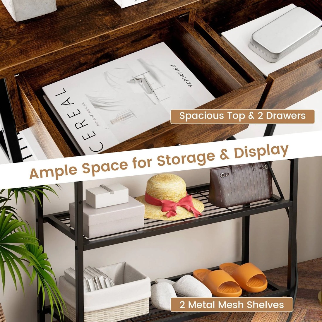 5 Costway 3-Tier Industrial Console Table w/Charging Station Hallway Table - Brown, 5 of 10