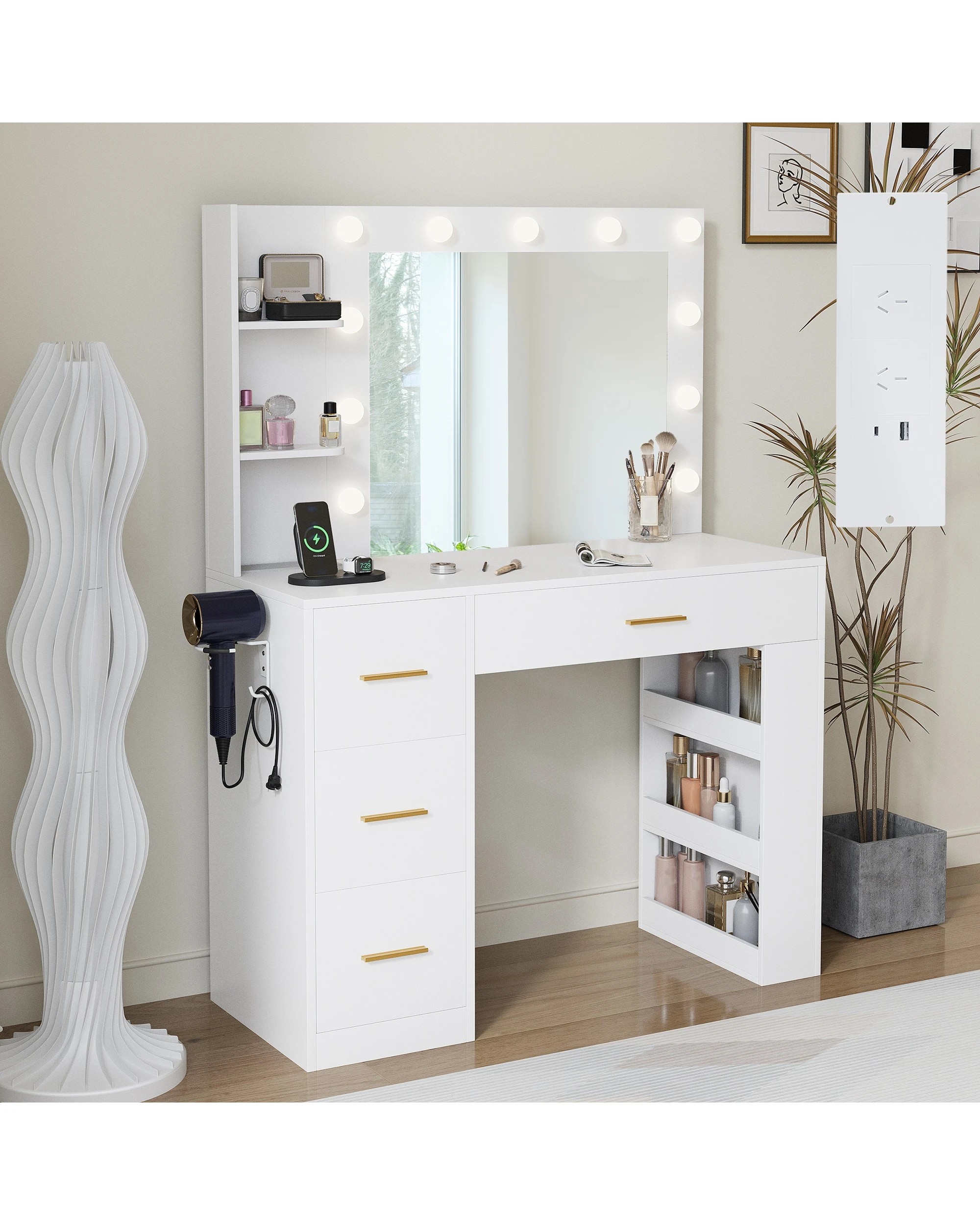 3 Advwin Dressing Table Vanity Desk with Mirror and 11 Bulbs Lights Charging Station - White, 3 of 10
