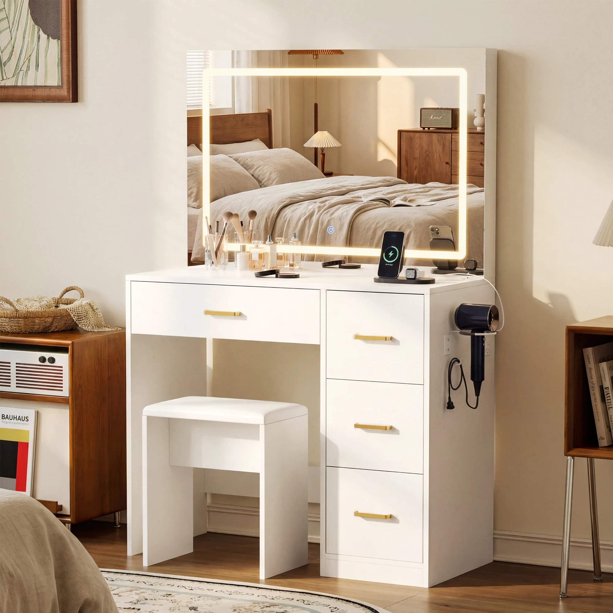 9 Advwin Makeup Vanity Desk with Large LED Mirror Charging Station - White, 9 of 10