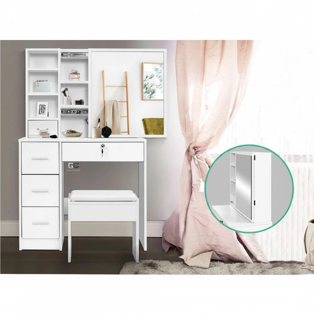 7 Artiss Dressing Table Stool Set Sliding Mirror  Diane - White, 7 of 8