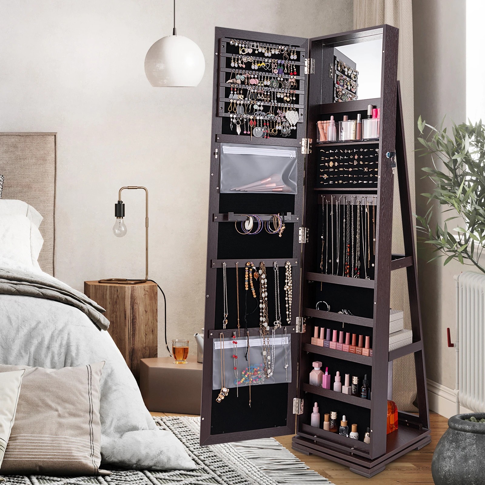 3 Costway Rotating Lockable Jewellery Cabinet Armoire w/Full-Length Mirror Jewelry Organizer - Brown, 3 of 5