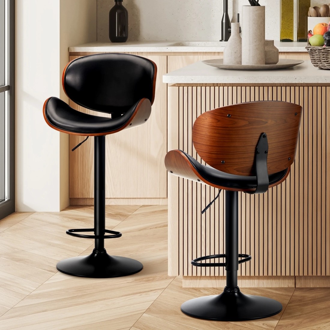 2 Oikiture 2x Bar Stools Kitchen Stool Swivel Chair Wooden Leather Gas Lift
 - Black, 2 of 10