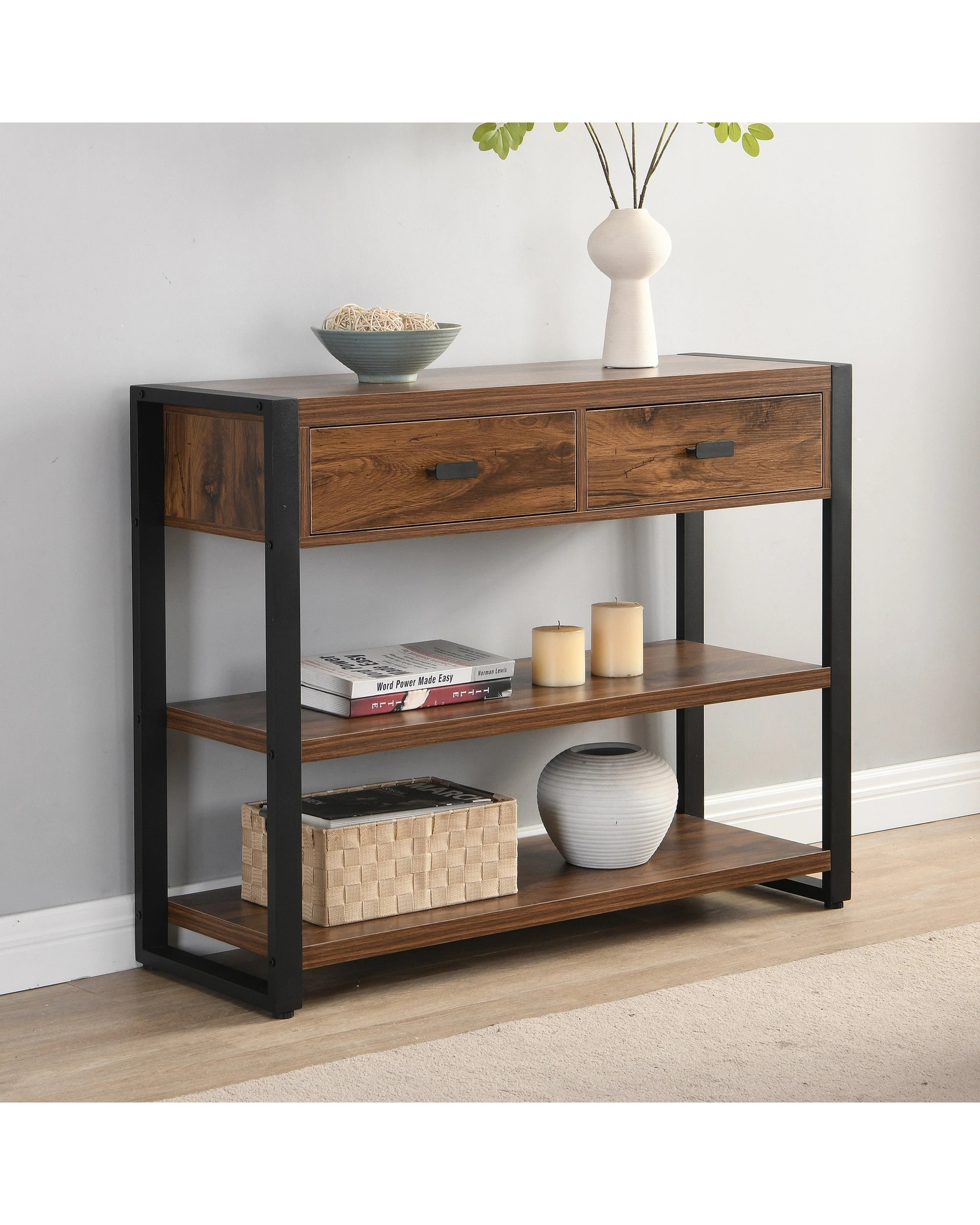 2 IHOMDEC Console Table with Two Drawers and 3 Shelves, 2 of 5